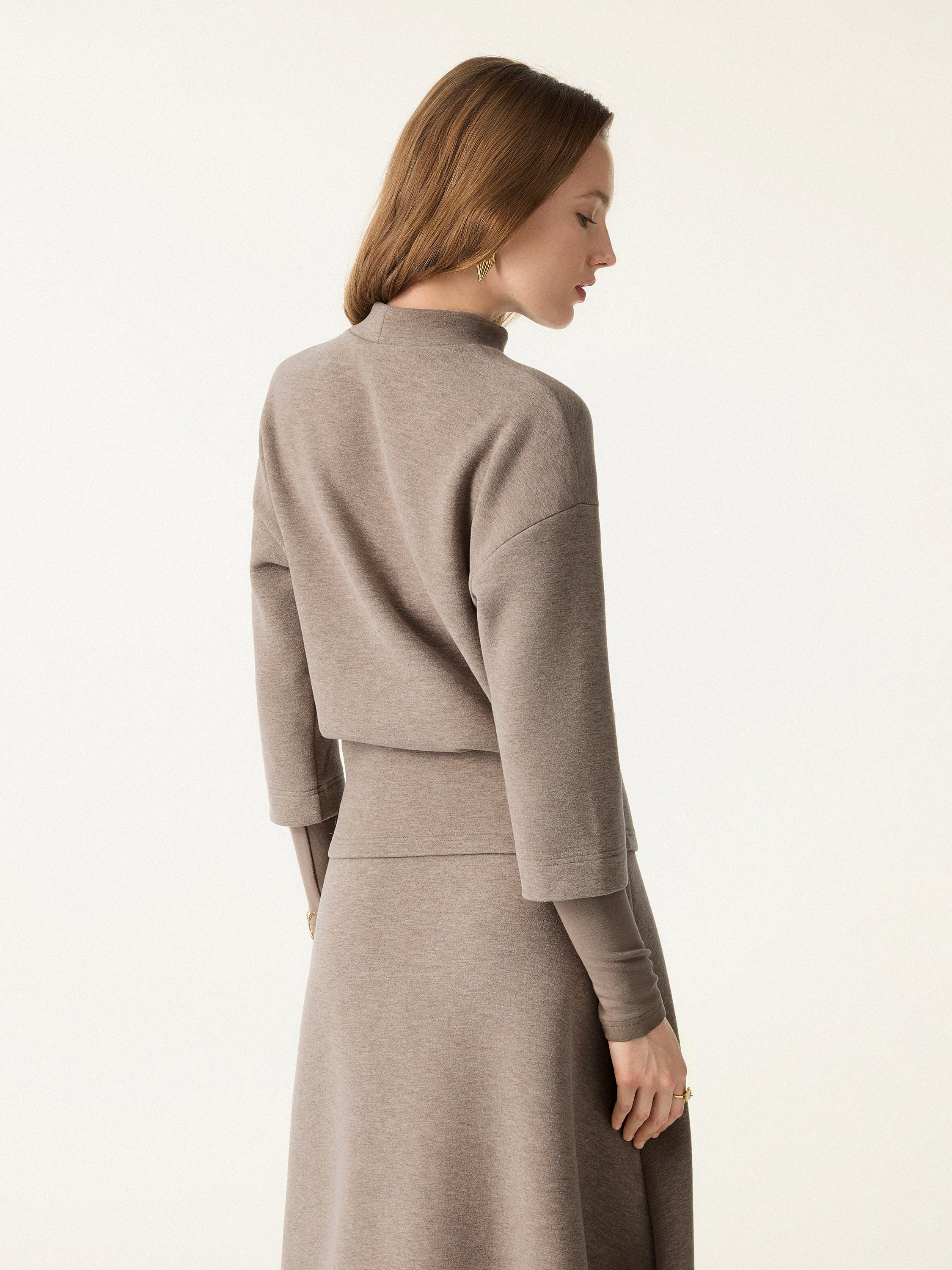 2Pcs Set FuzzLuxe Mockneck Sleeve-Warmer Top & A-line Pull-on Midi Skirt