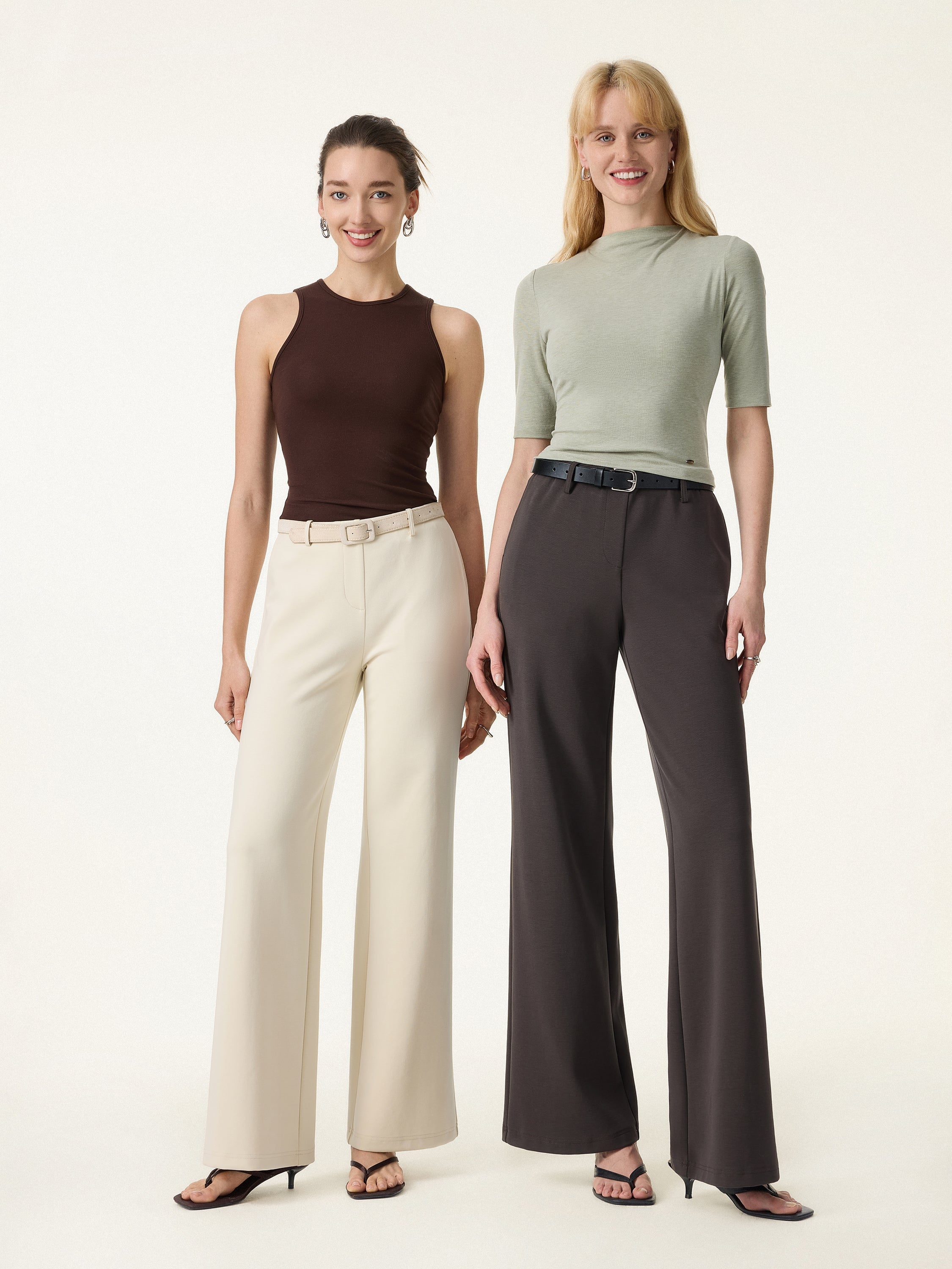 Stretch Cotton Mid Rise Flared Wide Leg Pull-on Pants with Pockets