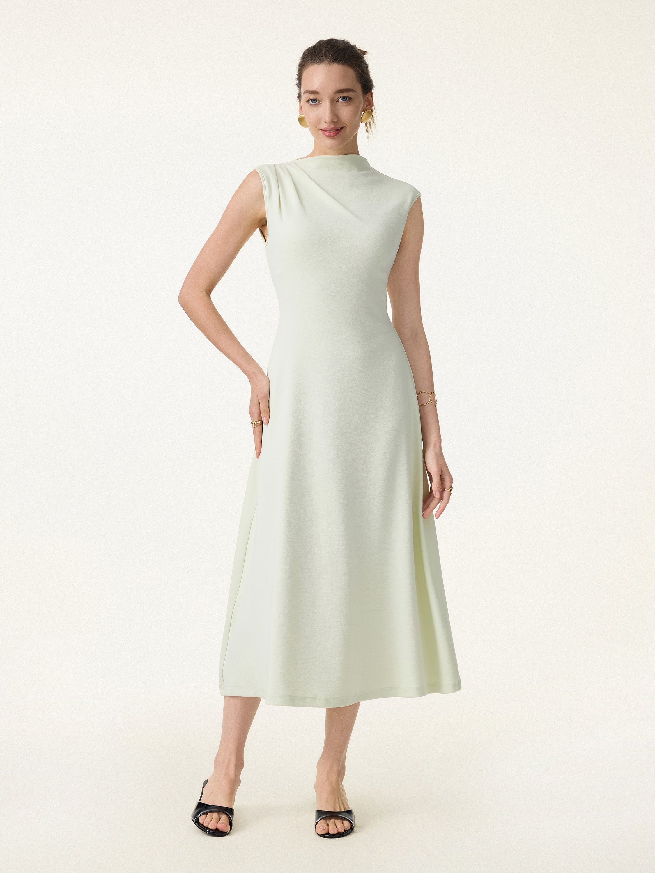 Stretch Cotton Refined Mockneck Flared Midi Brami Dress