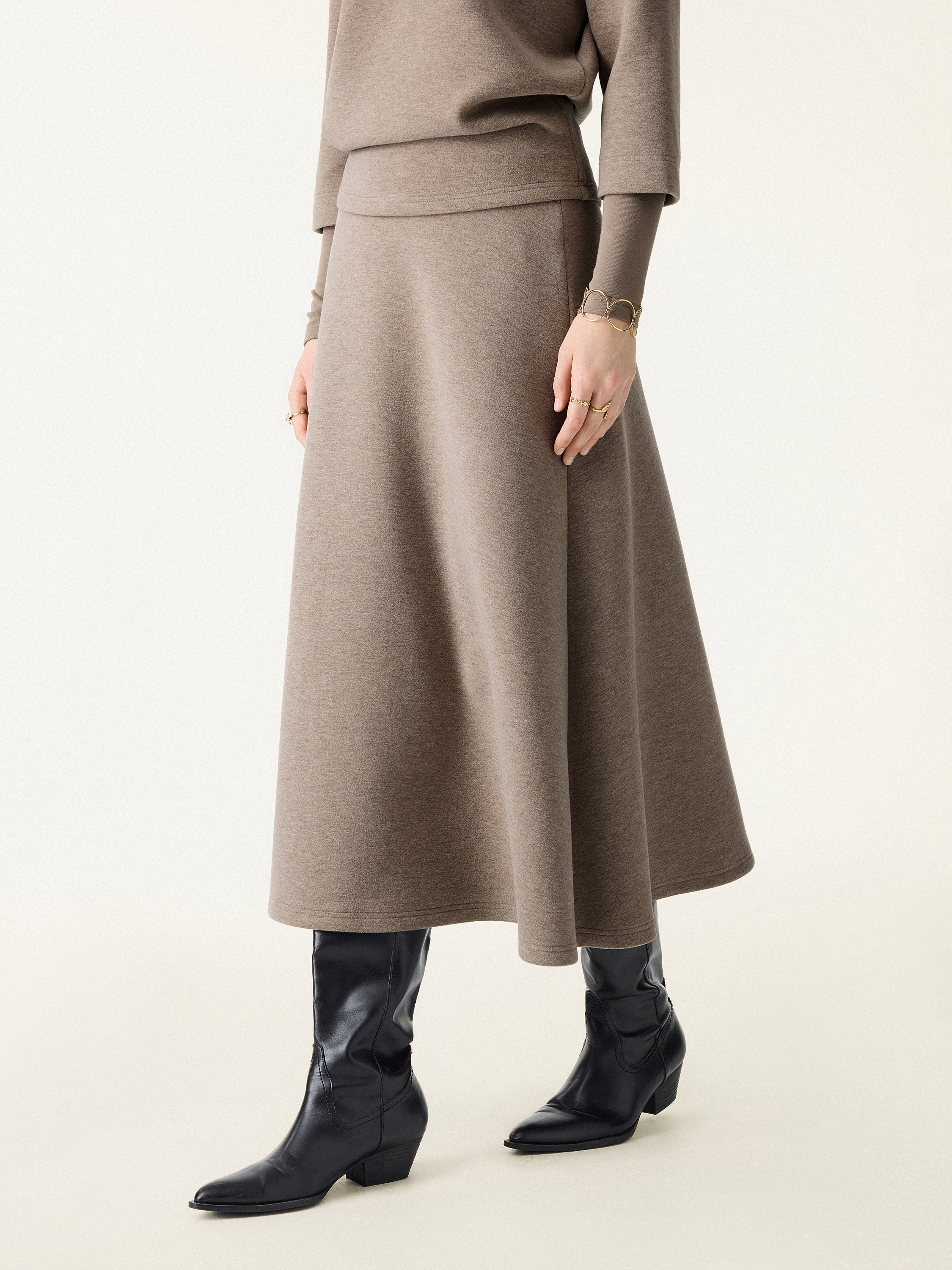 2Pcs Set FuzzLuxe Mockneck Sleeve-Warmer Top & Midi A-line Circle Skirt