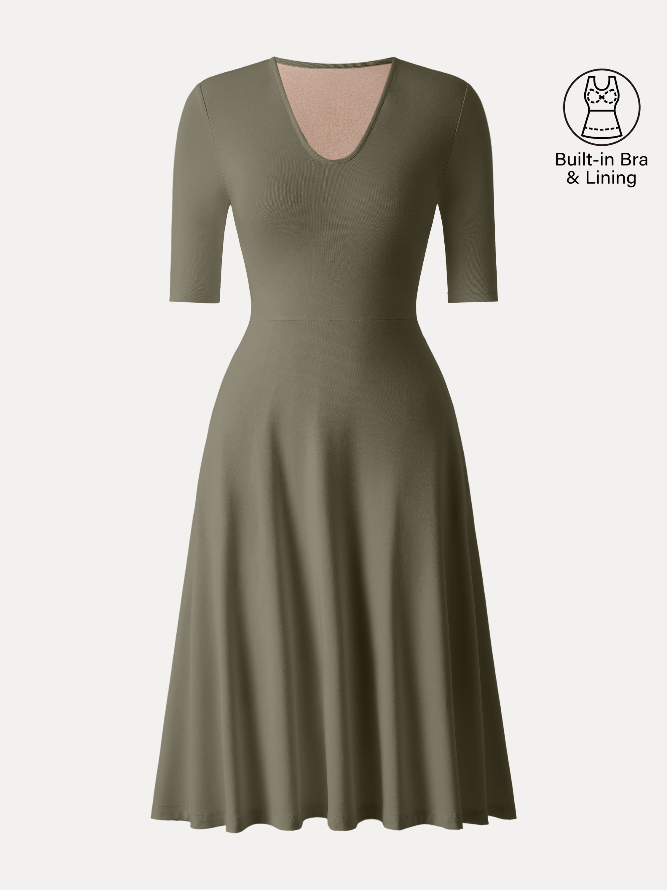 V-Neck Elbow Sleeve Midi Brami Dress with Pockets