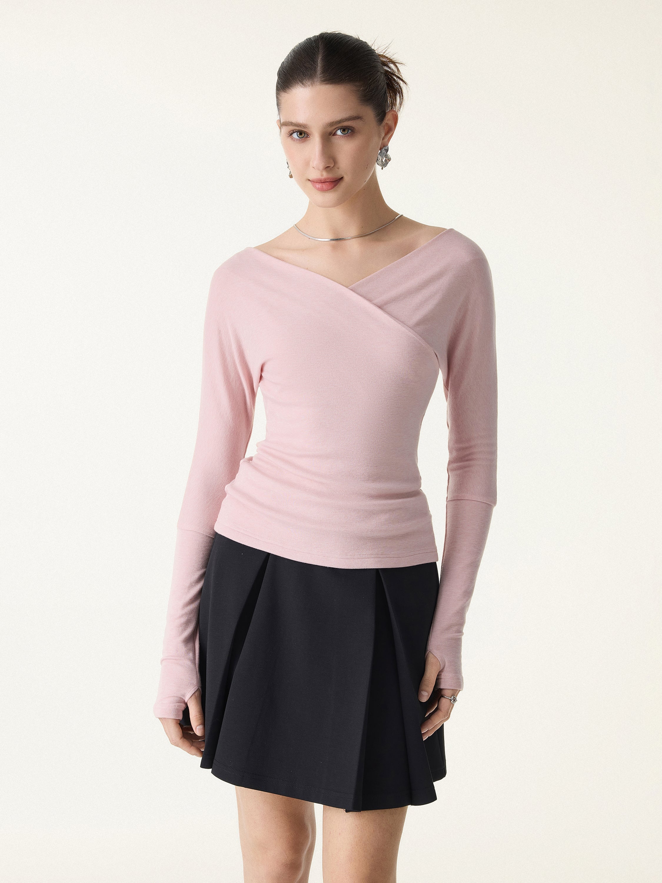 Lyocell Wool Surplice Long Sleeve Top with Thumbholes