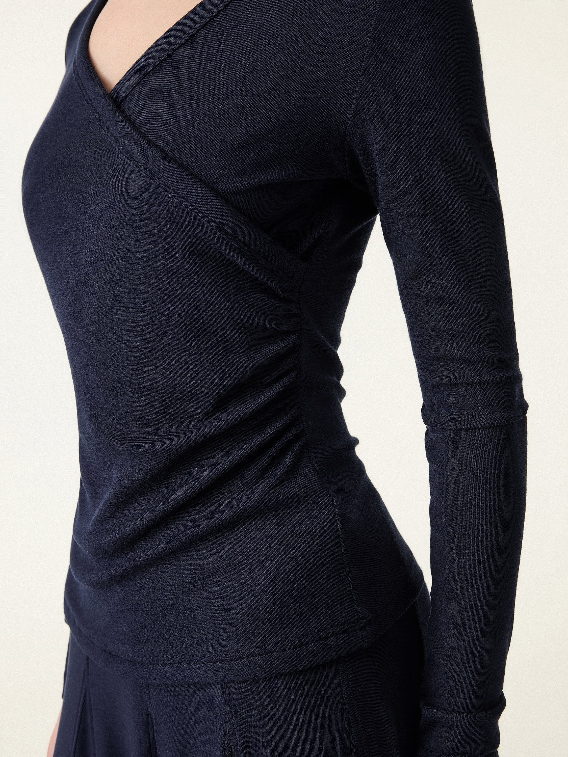 2Pcs Set Surplice Ruched Long Sleeve & Godet Hem Pull-on Maxi Skirt