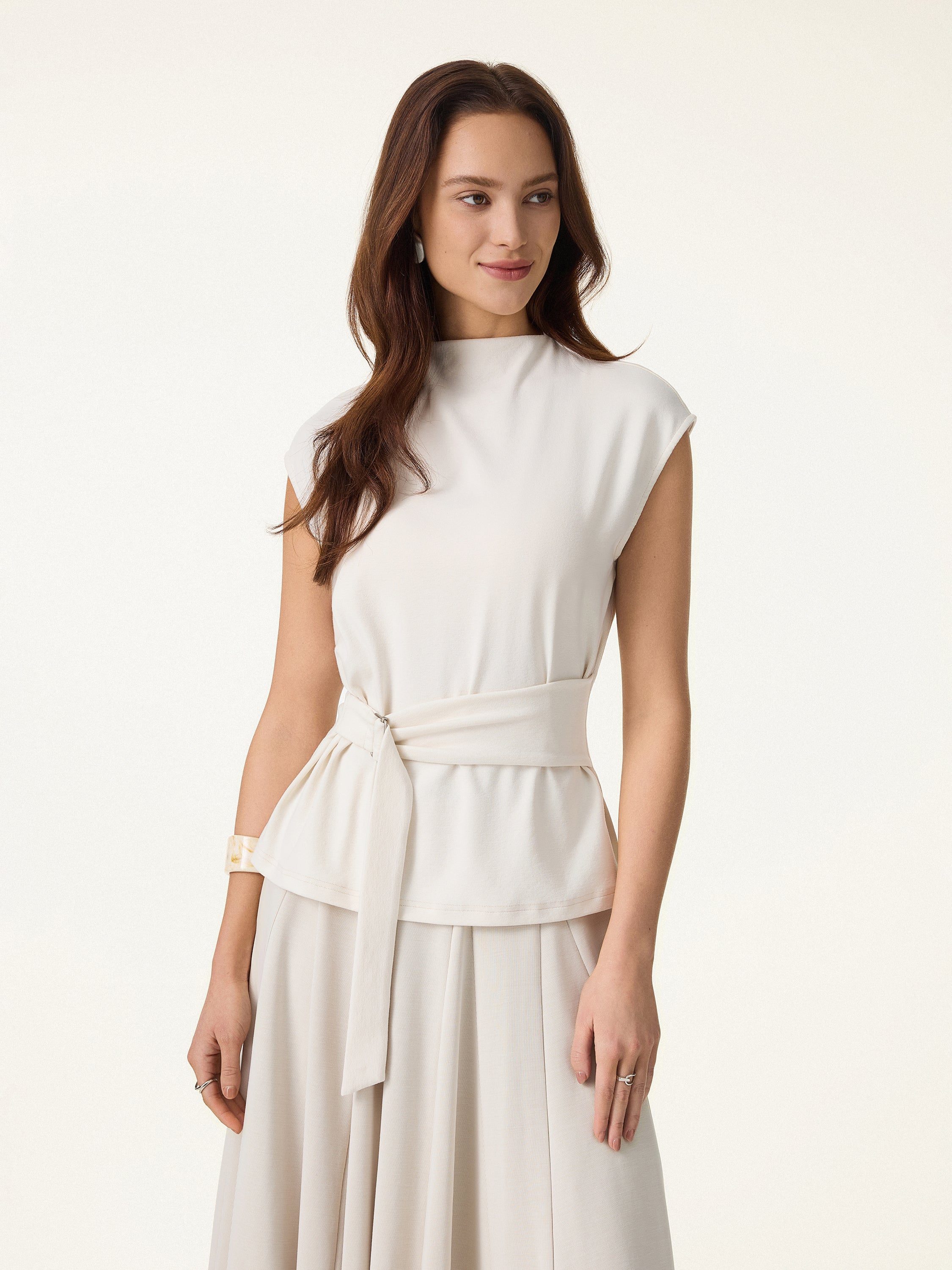 Cotton Lyocell Waist-Defined Cap Sleeve Top