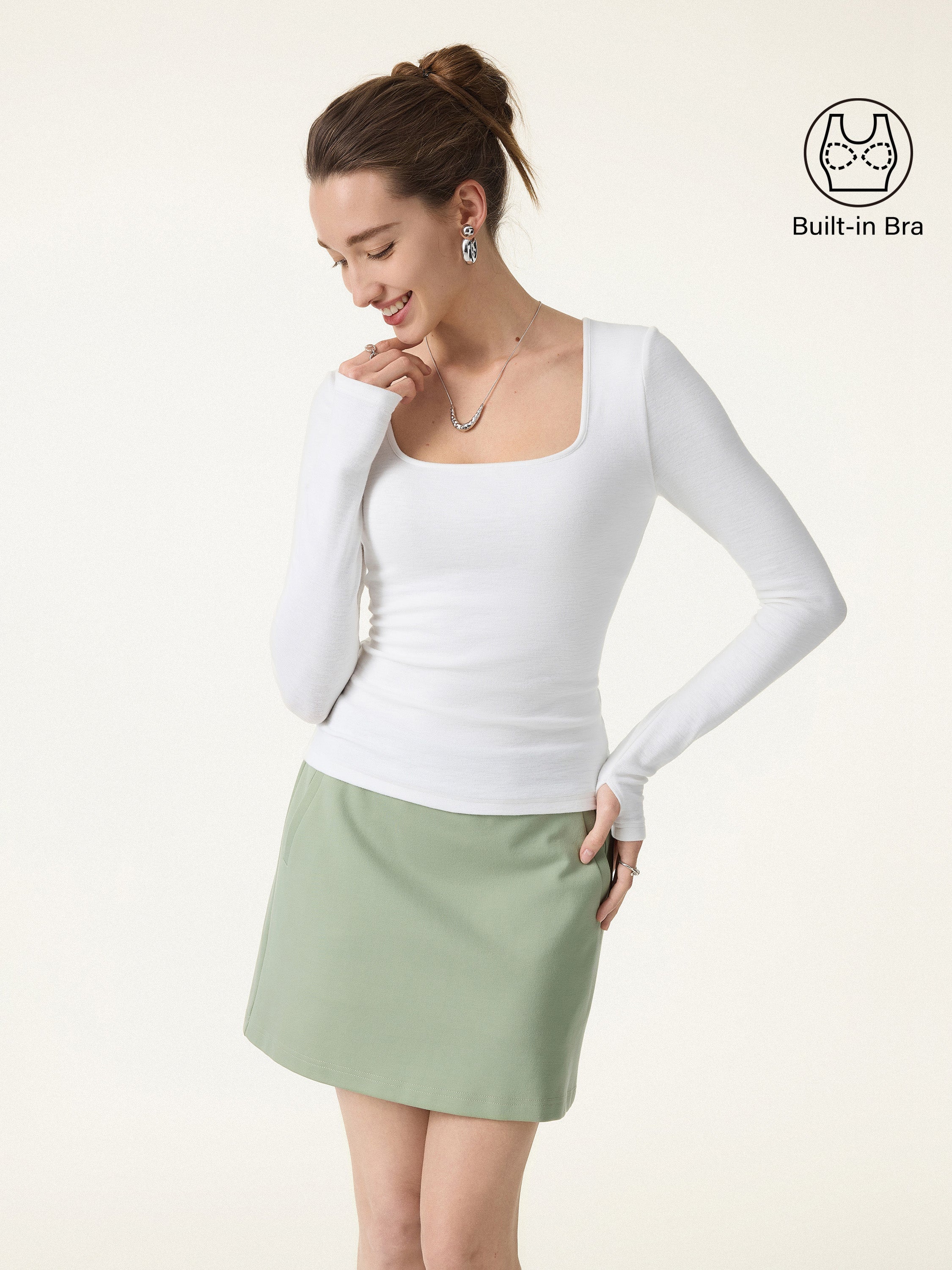 Cotton Viscose Square Neck Long Sleeve Brami with Thumbholes