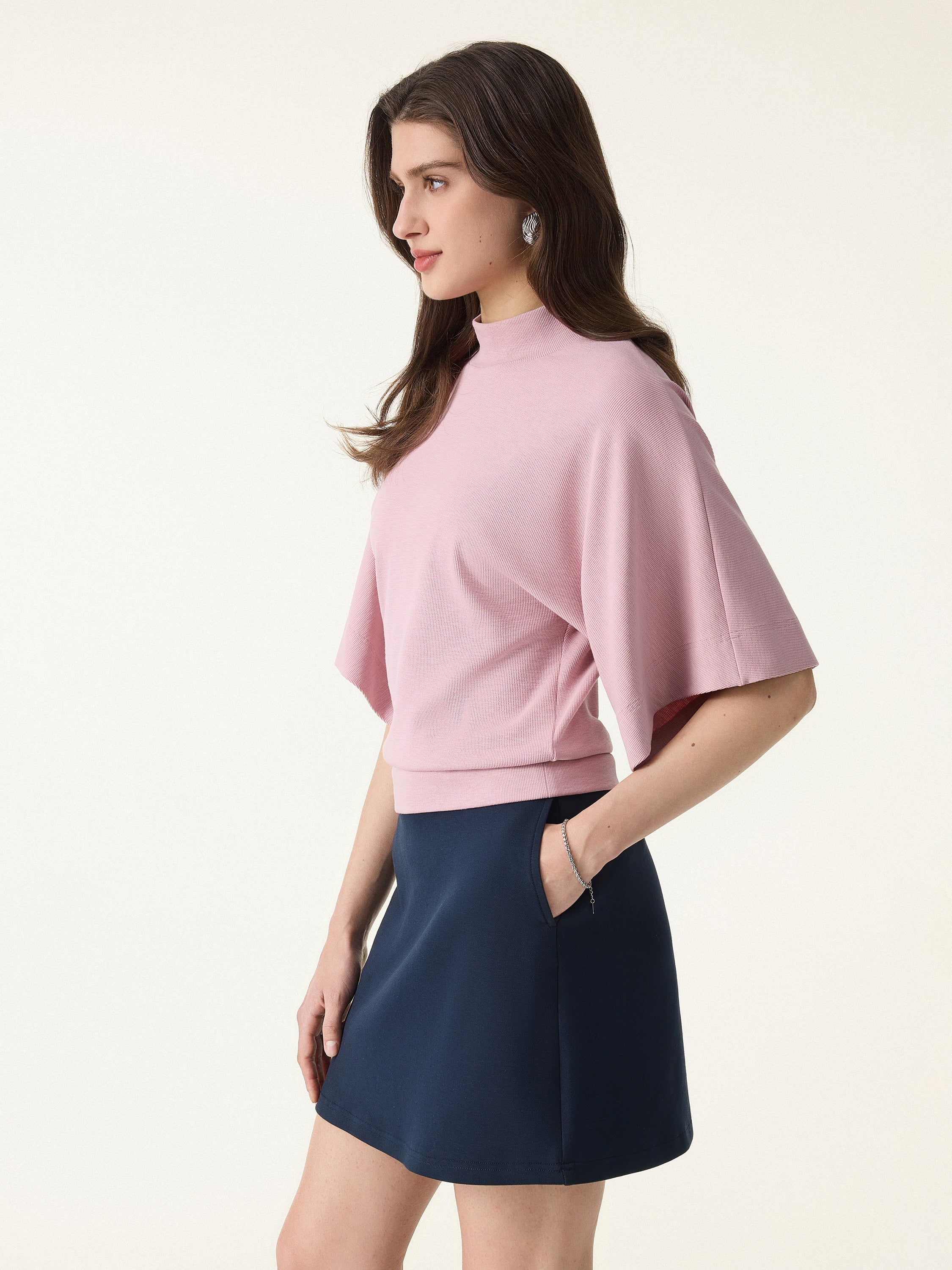 Plantive Mockneck Batwing Short Sleeve Top