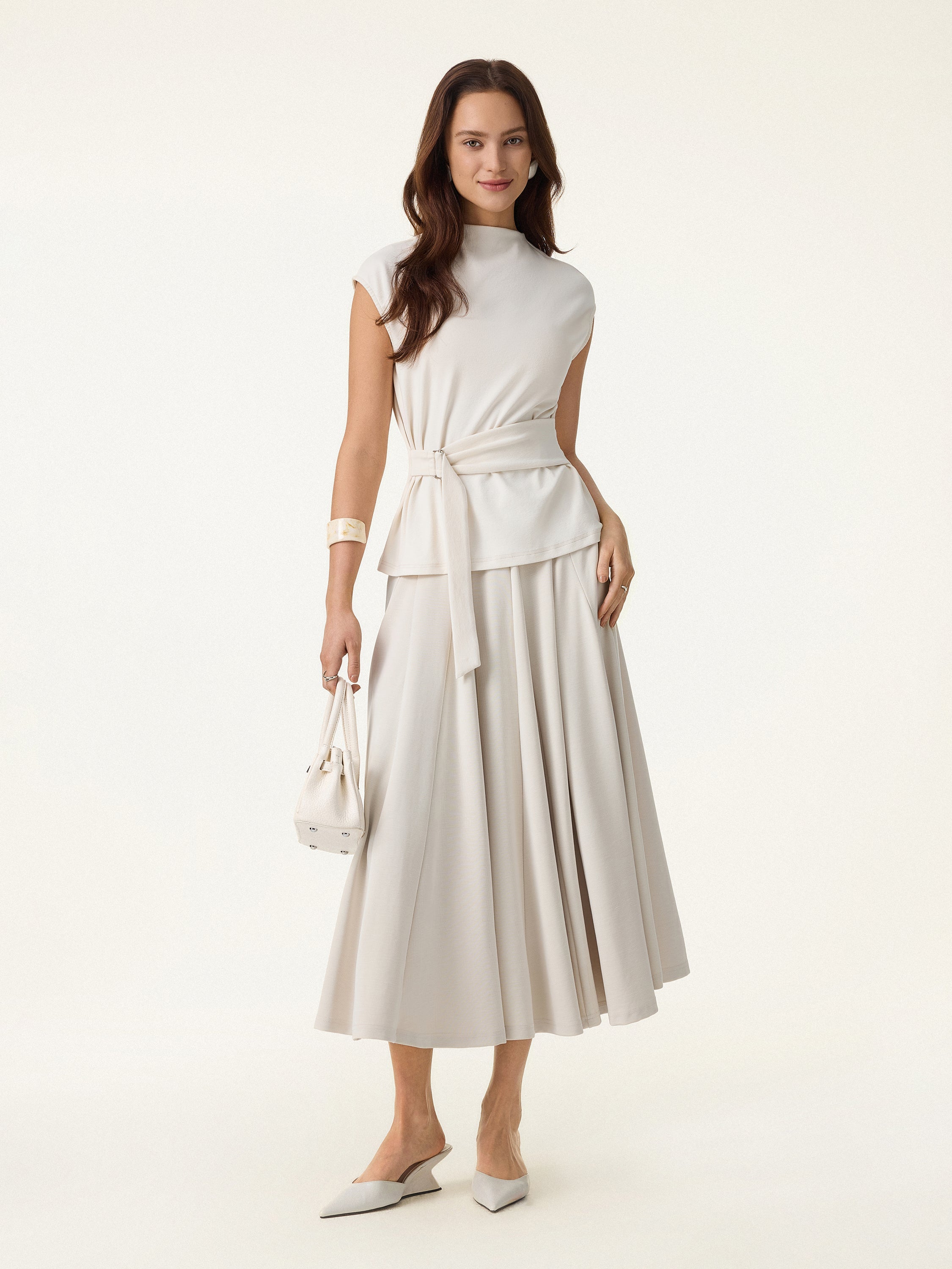 Cotton Lyocell Waist-Defined Cap Sleeve Top