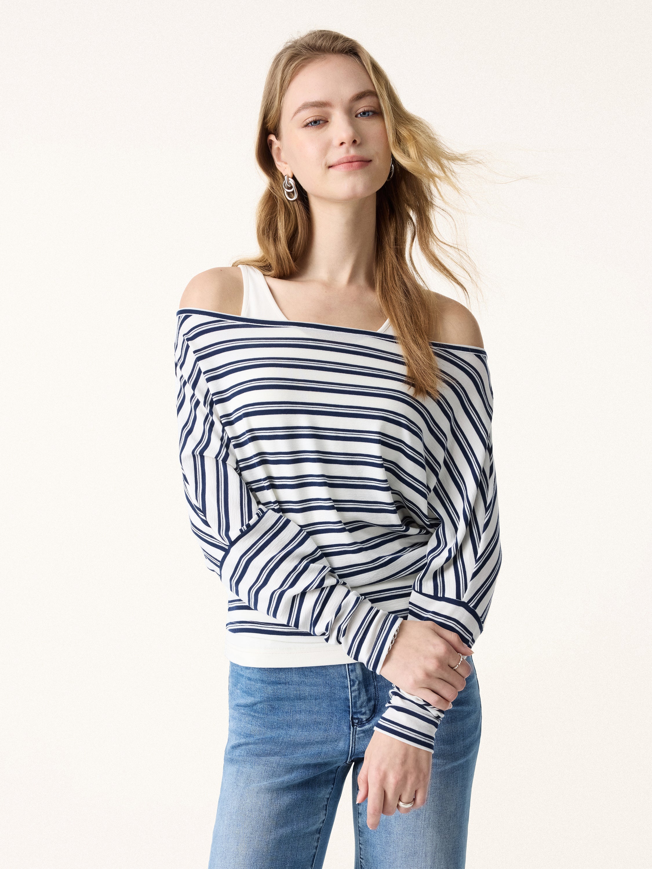 Lyocell Wool Striped Boatneck Batwing Sleeves Top