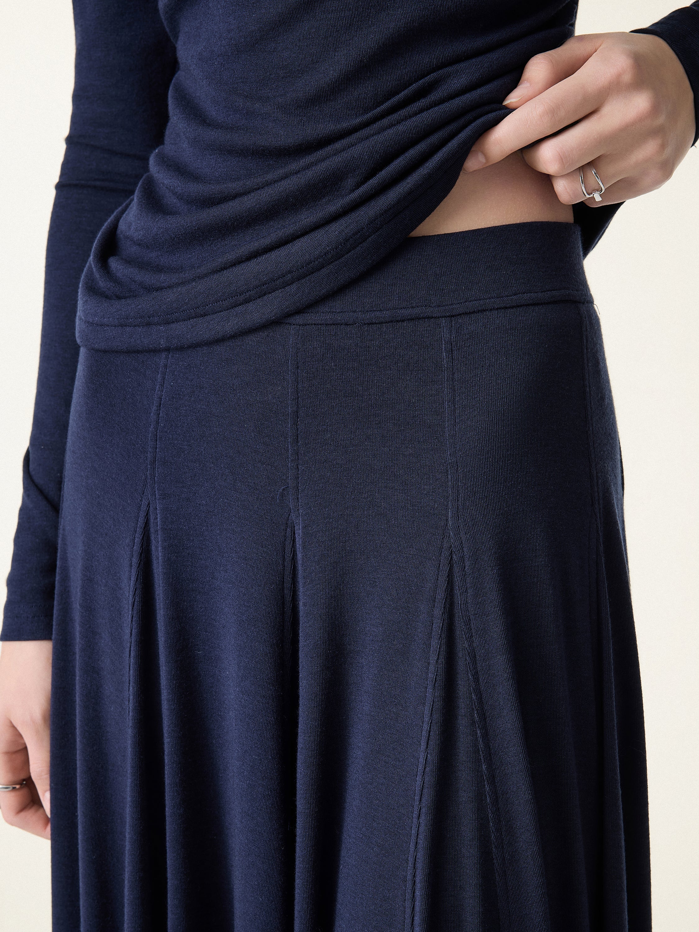 Lyocell Wool Godet Hem Pull-on Maxi Skirt