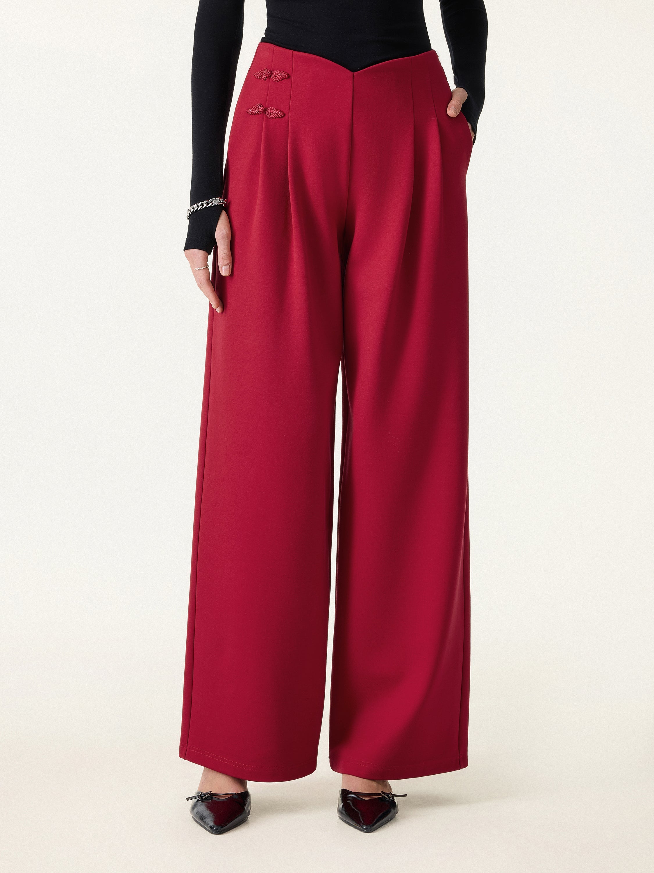 Statement Frog Button High Rise Wide Leg Pants with Pockets Limited Edition