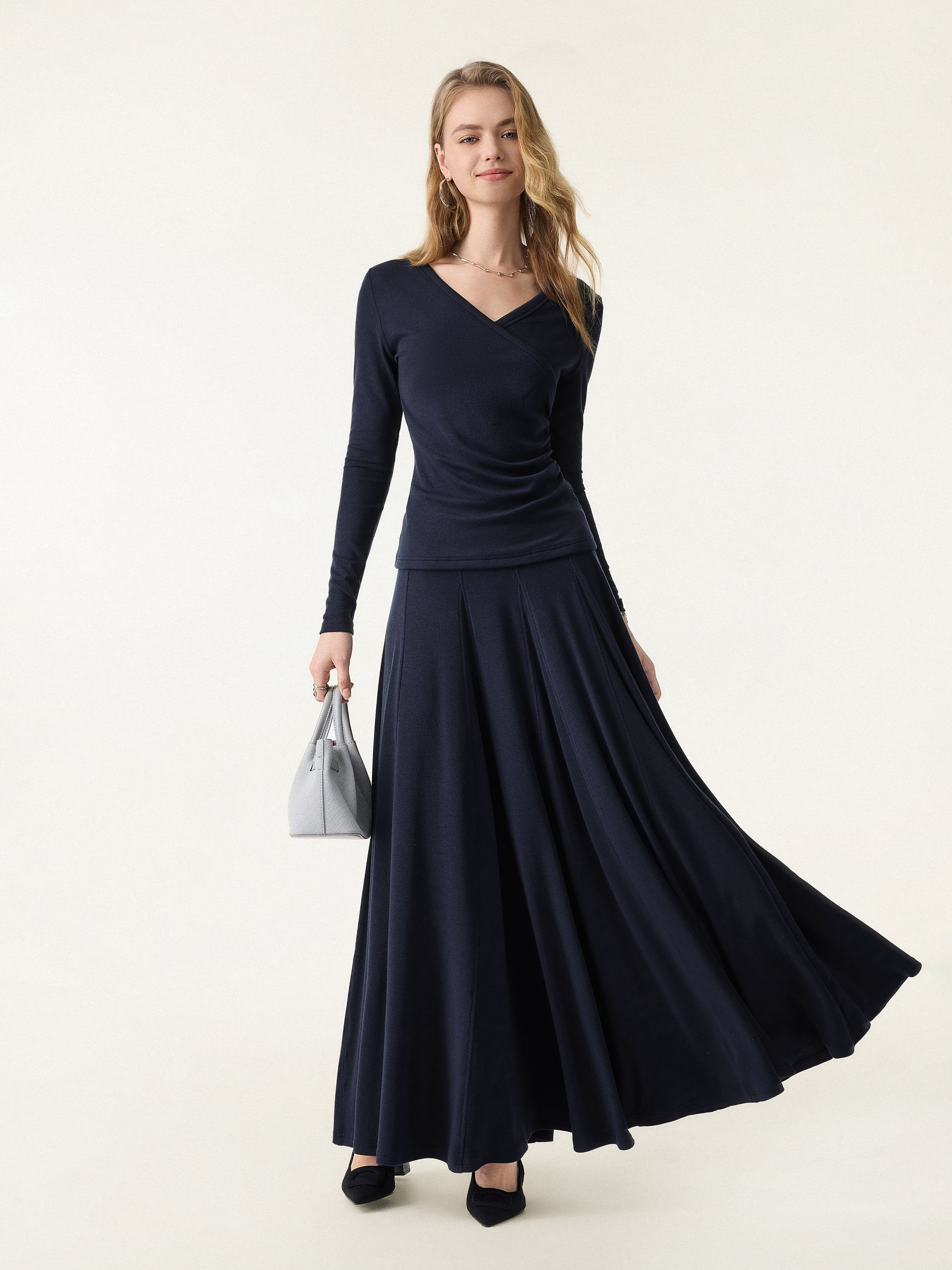 2Pcs Set Surplice Ruched Long Sleeve & Godet Hem Pull-on Maxi Skirt