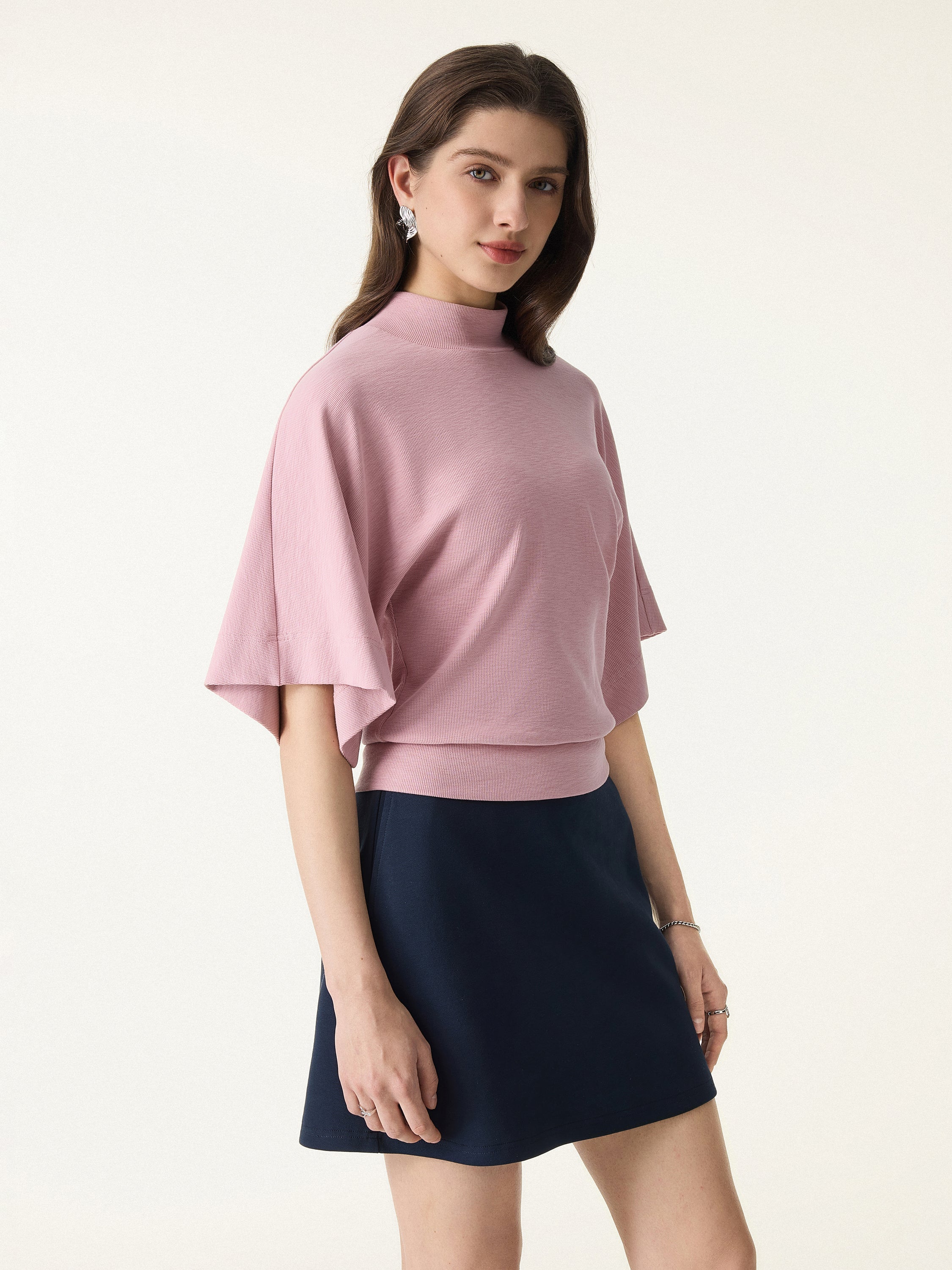 Plantive Mockneck Batwing Short Sleeve Top