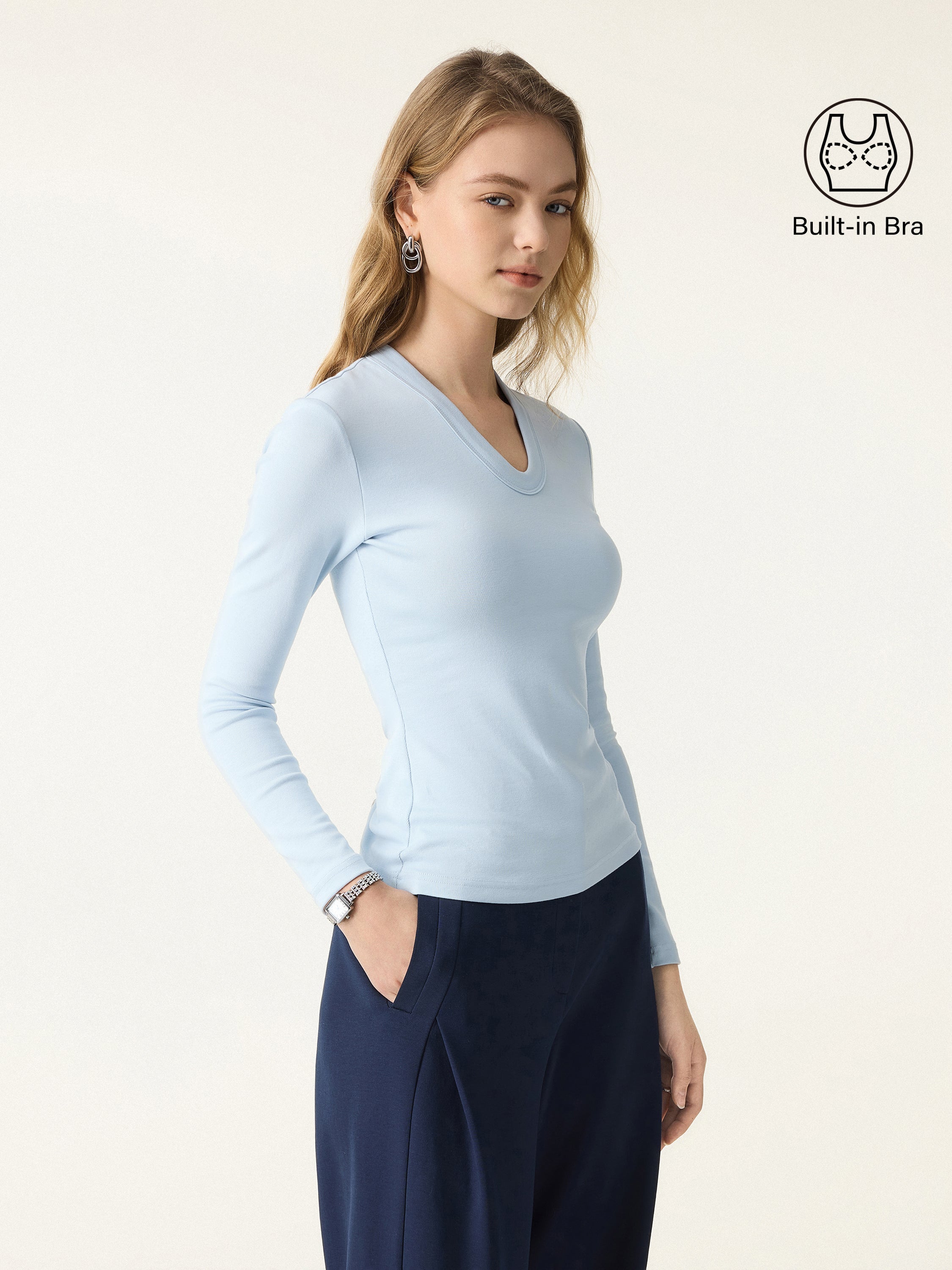 Cotton Lyocell Oval V-Neck Long Sleeve Brami