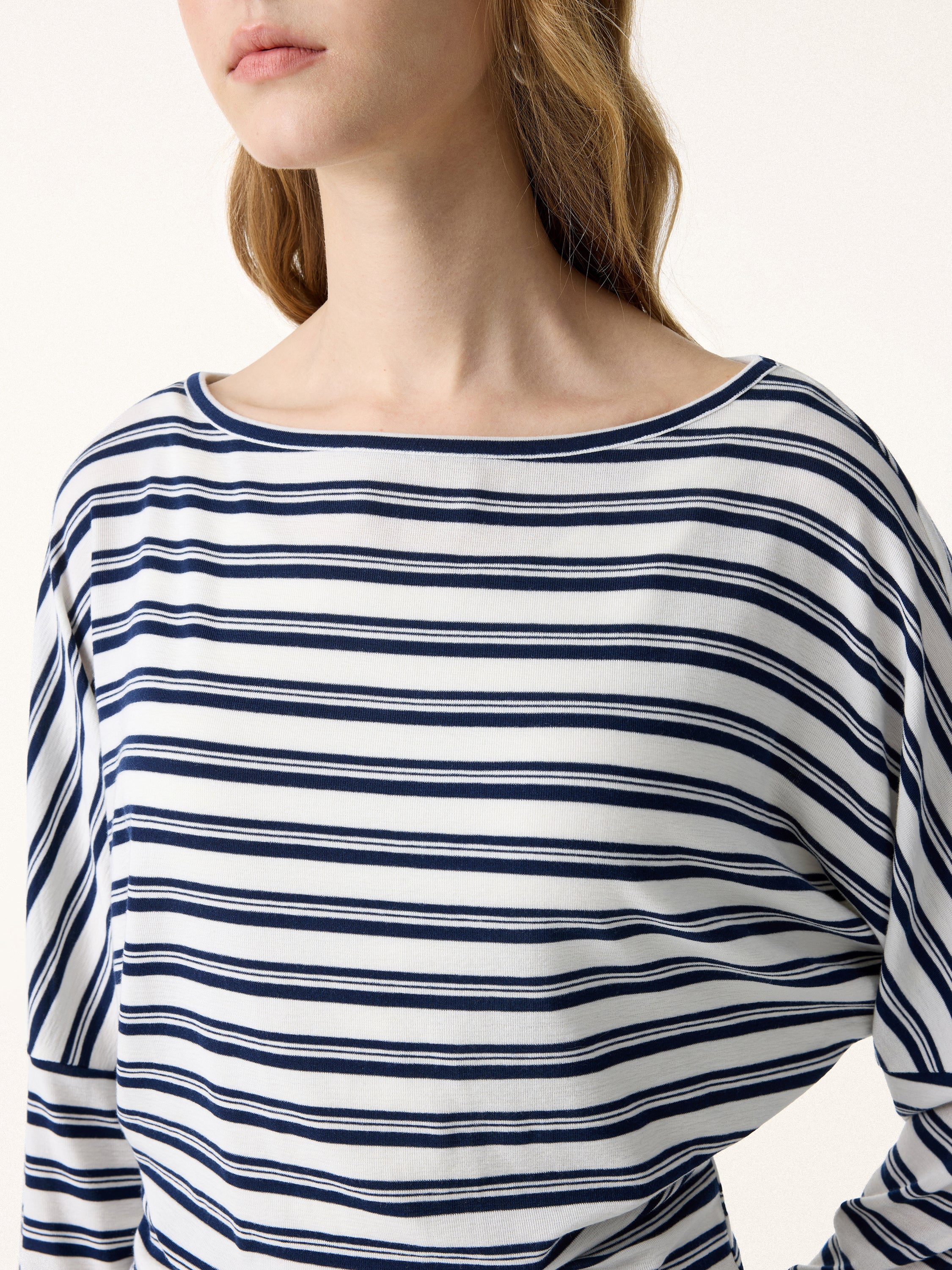 Lyocell Wool Striped Boatneck Batwing Sleeves Top