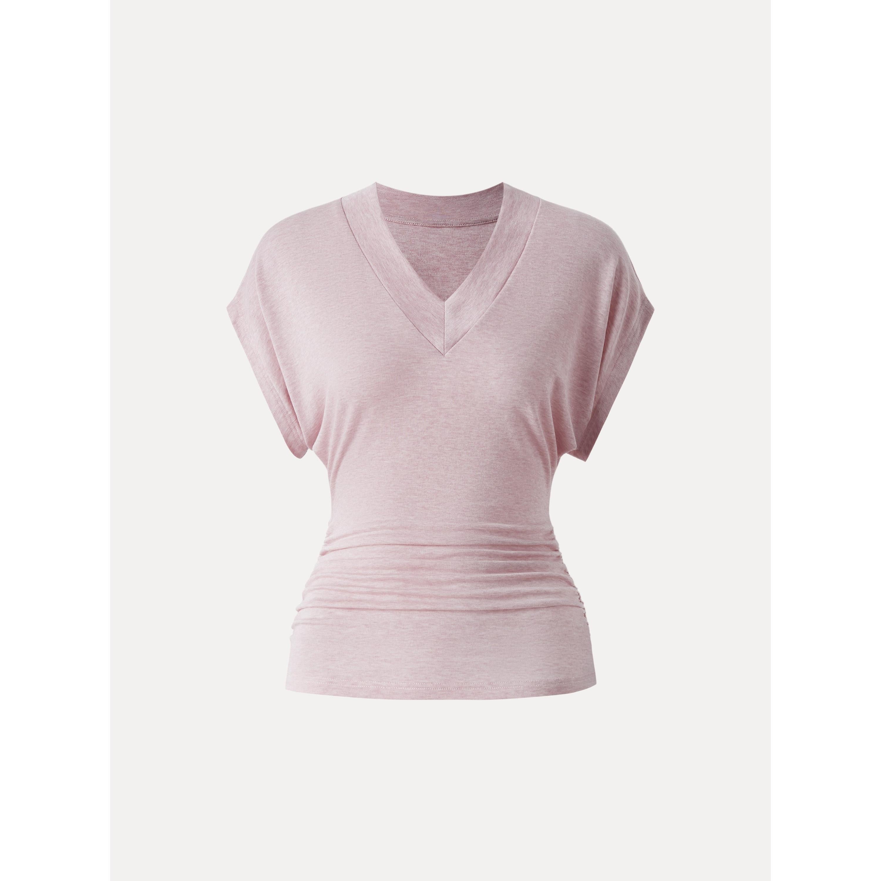 Semi-sheer Lyocell Cashmere Blend V-neck Short Sleeve Side Ruched Tee