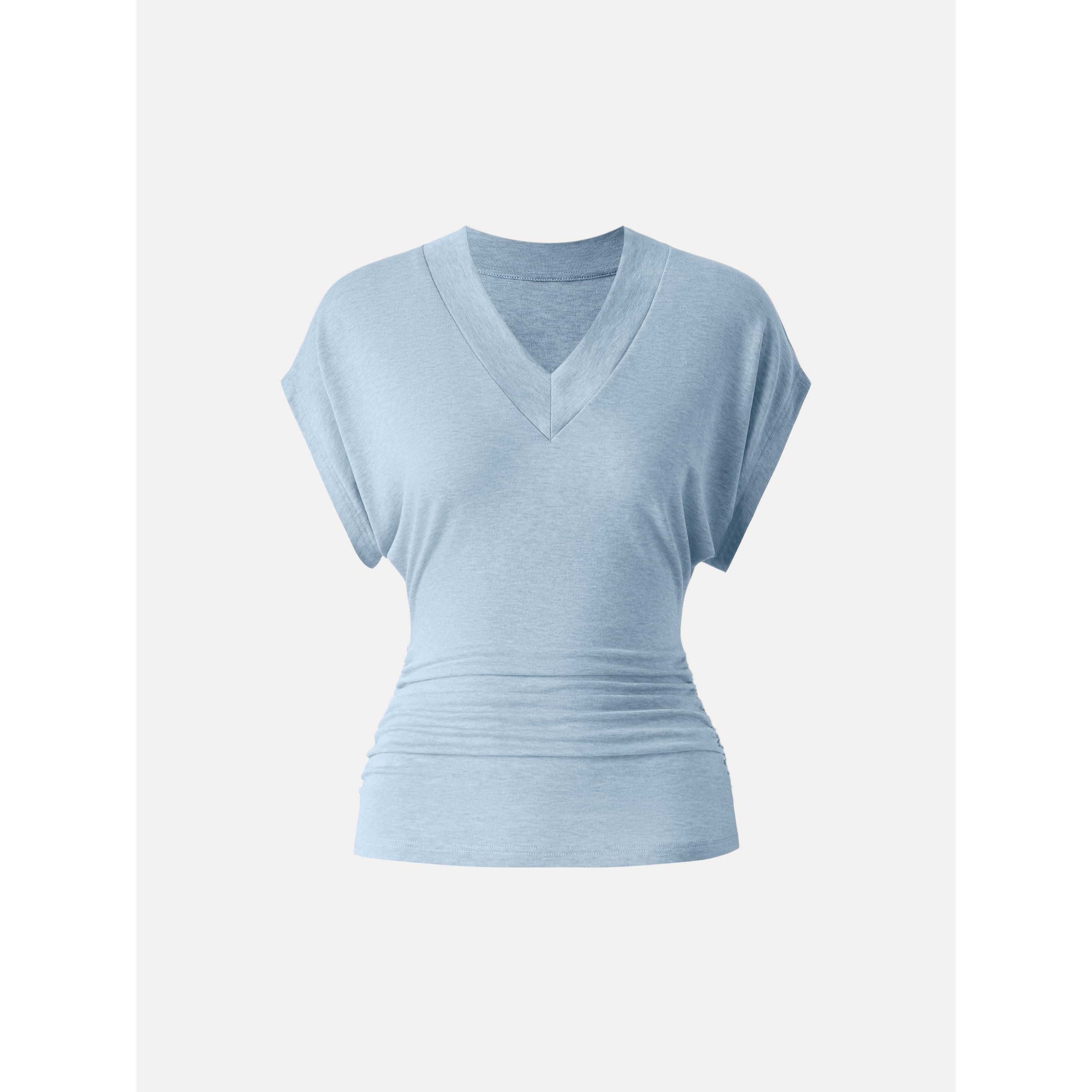 Semi-sheer Lyocell Cashmere Blend V-neck Short Sleeve Side Ruched Tee