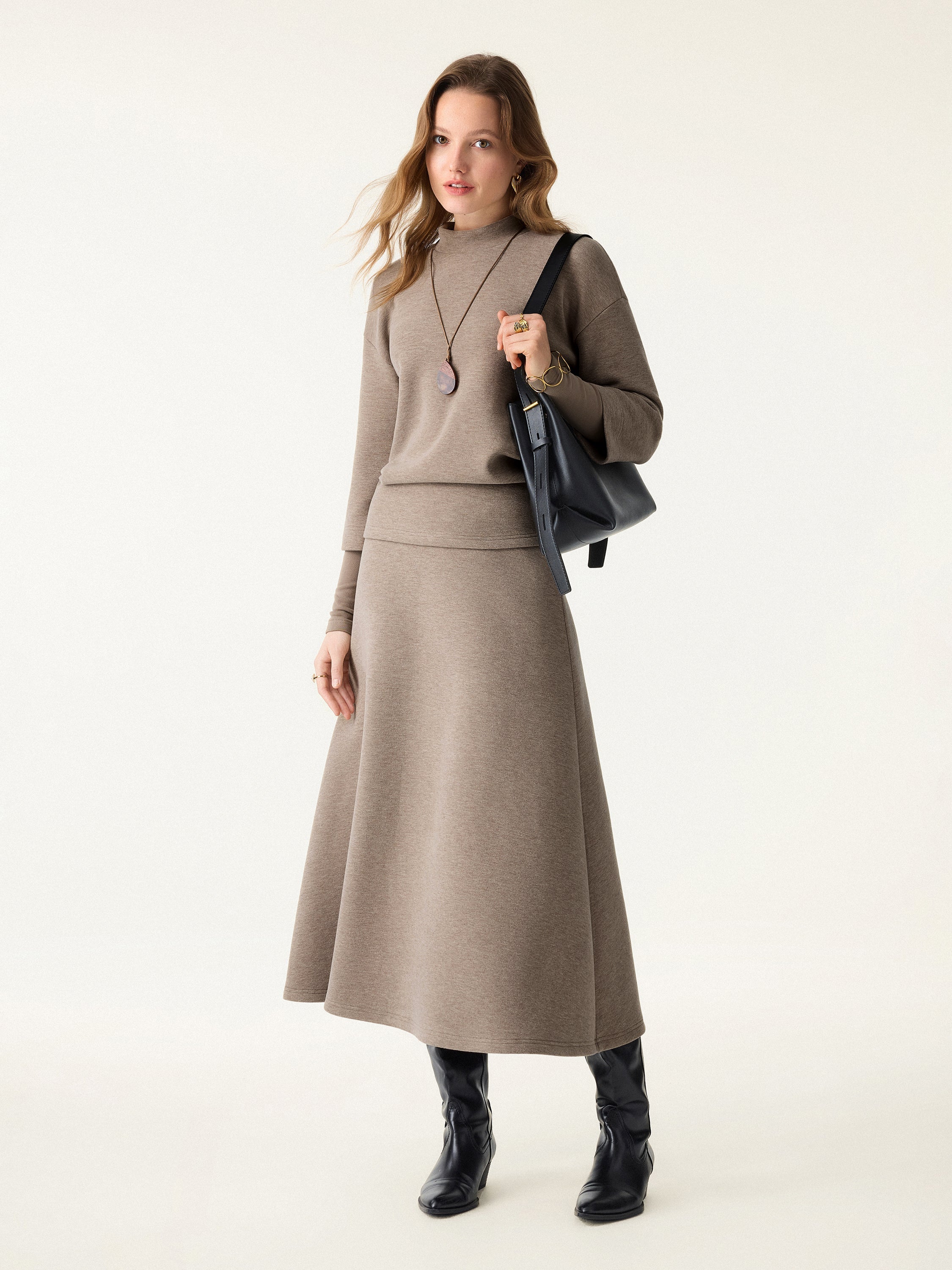 2Pcs Set FuzzLuxe Mockneck Sleeve-Warmer Top &  Midi A-line Circle Skirt