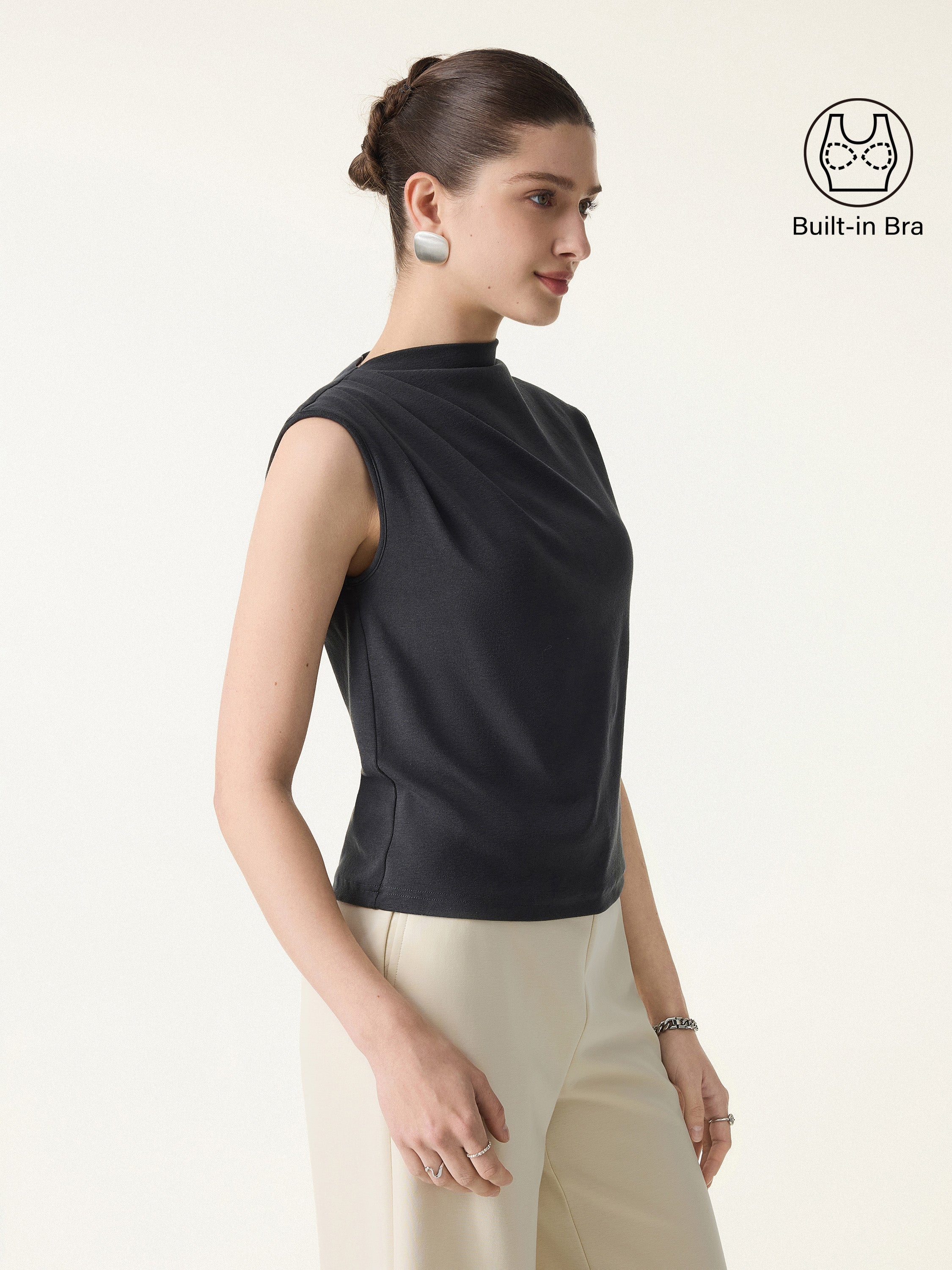 Cotton Lyocell Mockneck Tucked Sleeveless Brami