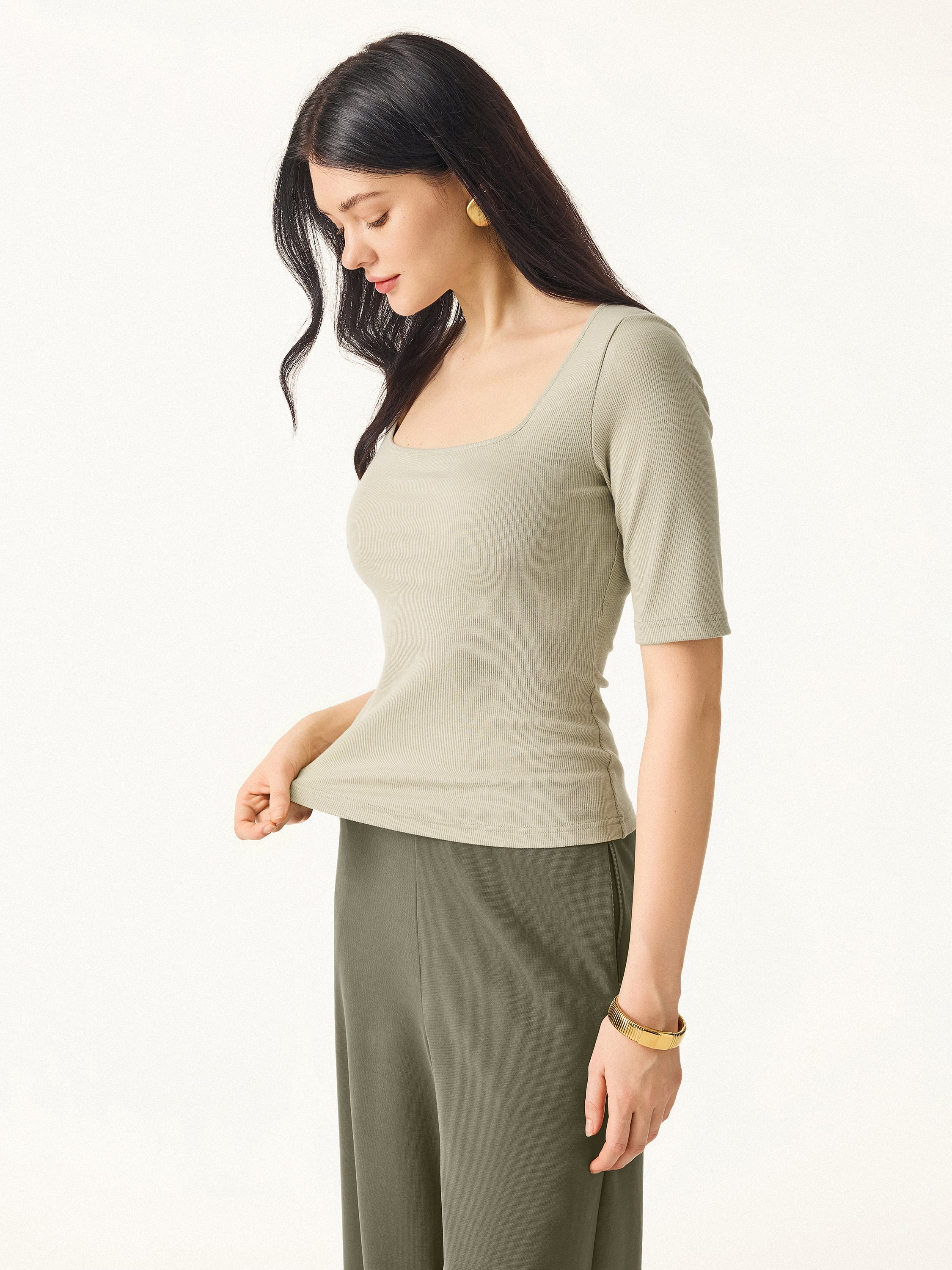 Essential Stretch Cotton Square Neck Elbow Length Sleeve Brami