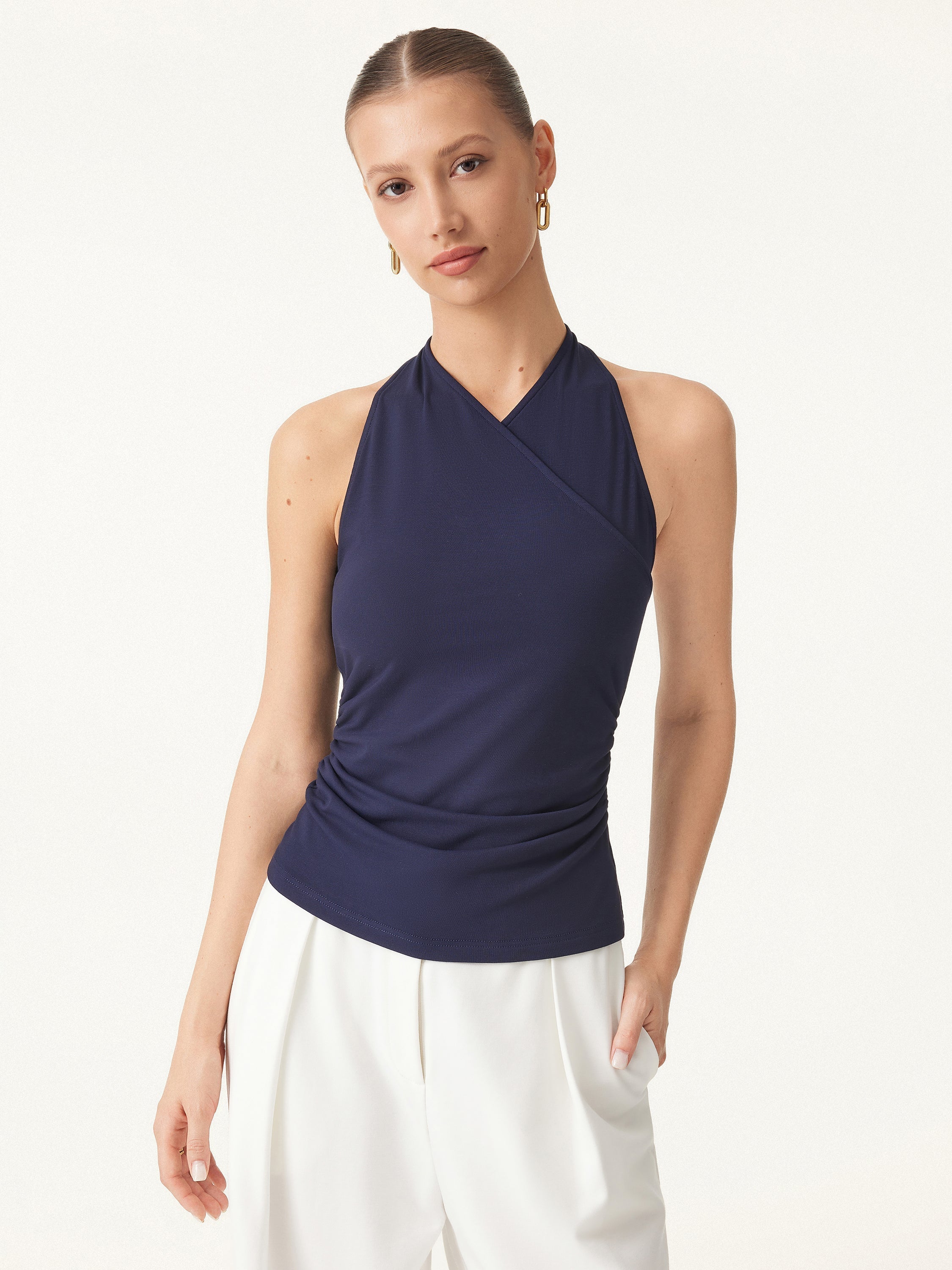 2Pcs Set Surplice Sleeveless Top & Mid Rise Wide Leg Trouser