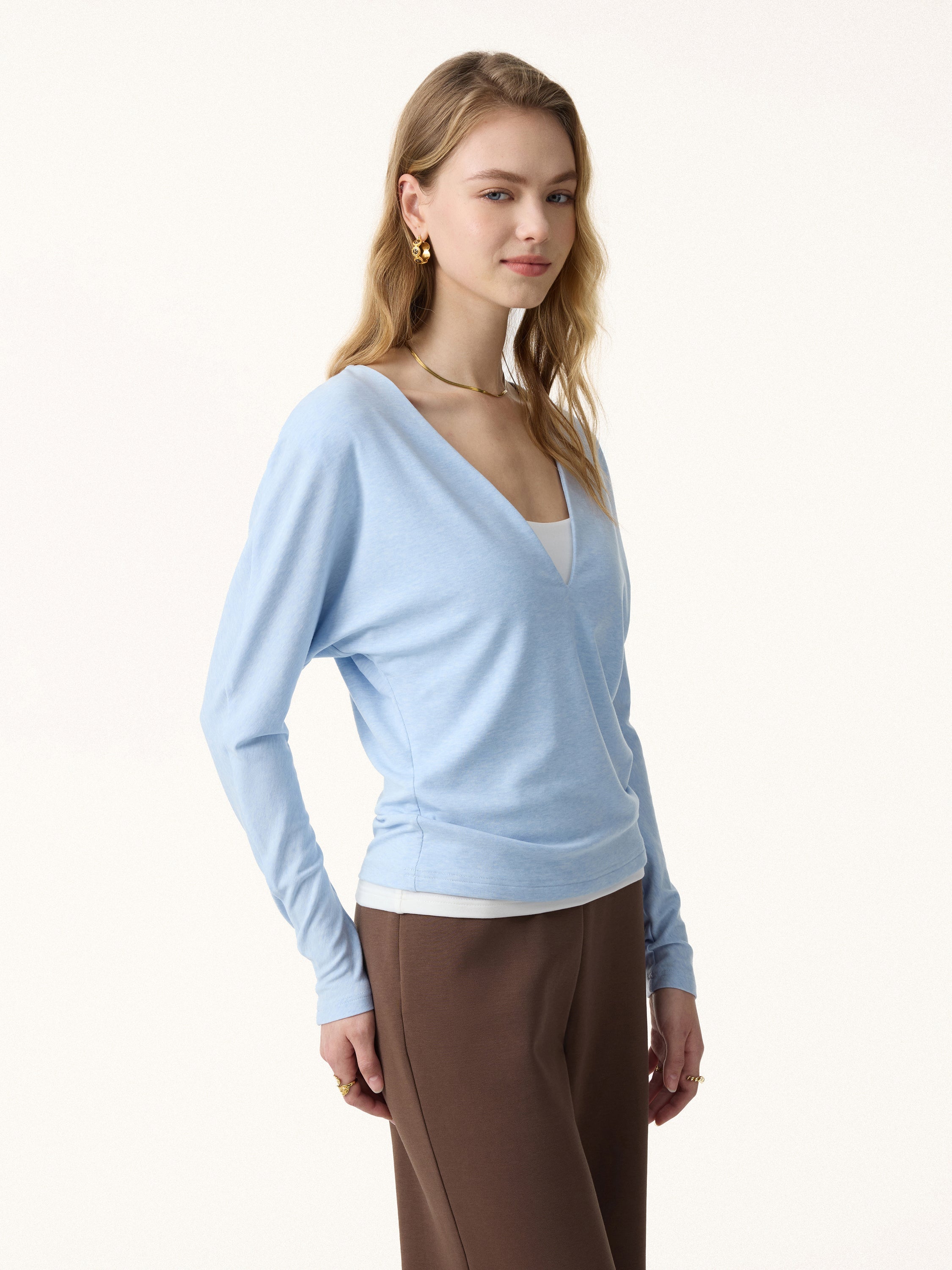 Non-Itch Lyocell Wool Relaxed V-Neck Batwing Sleeve Top