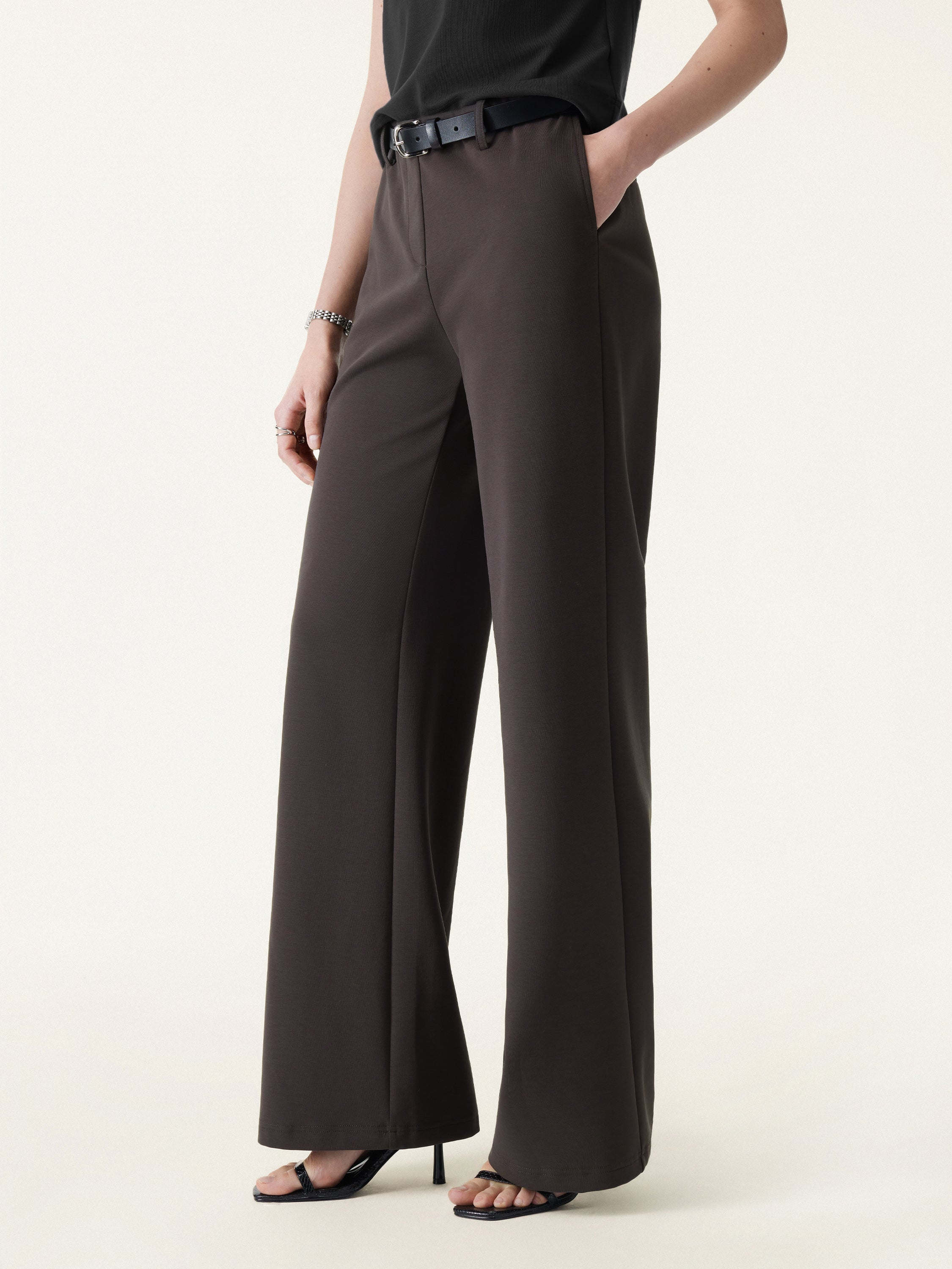 Stretch Cotton Mid Rise Flared Wide Leg Pull-on Pants with Pockets