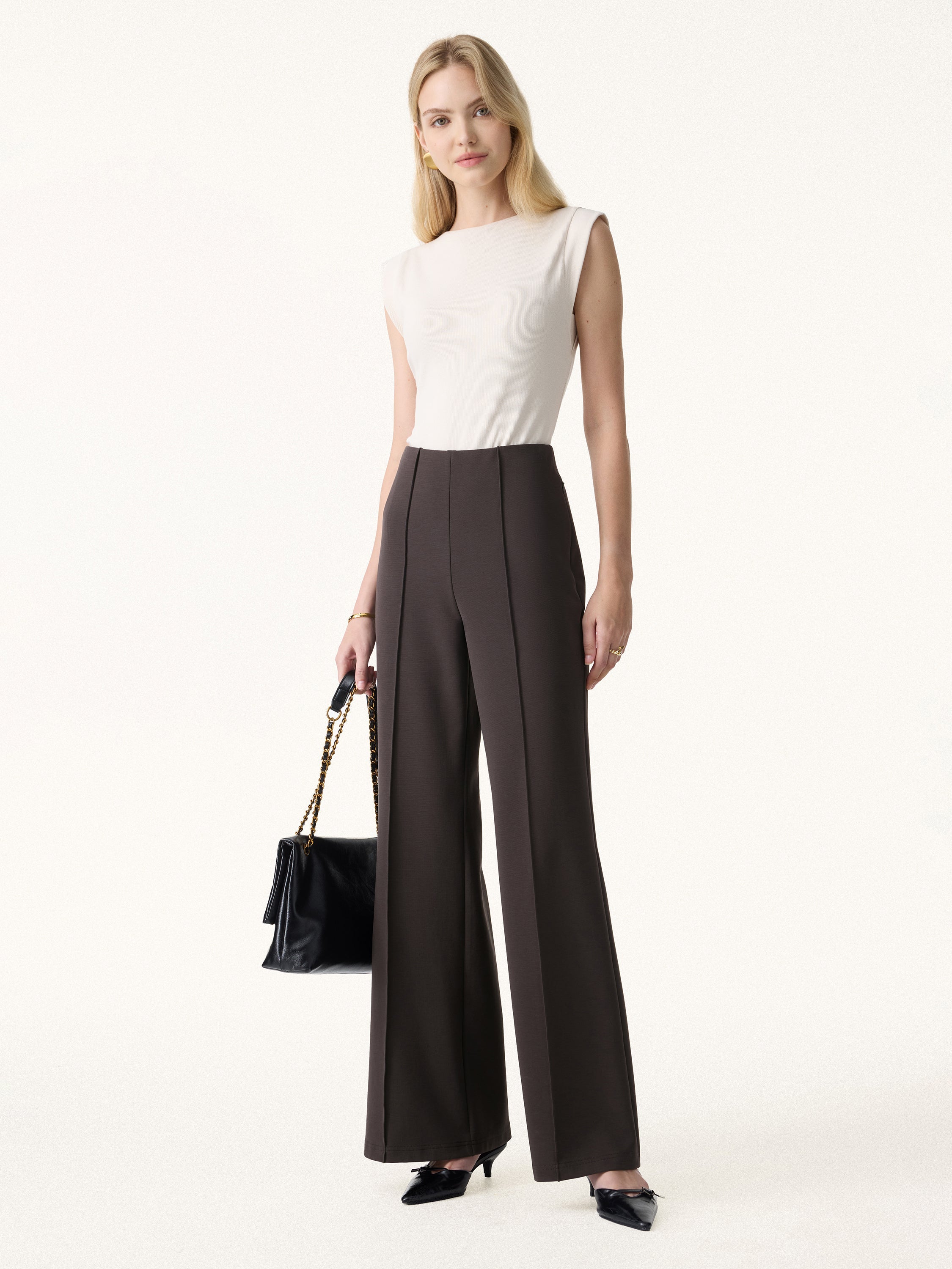 Stretch Cotton High Rise Wide Flared Pull-on Pants