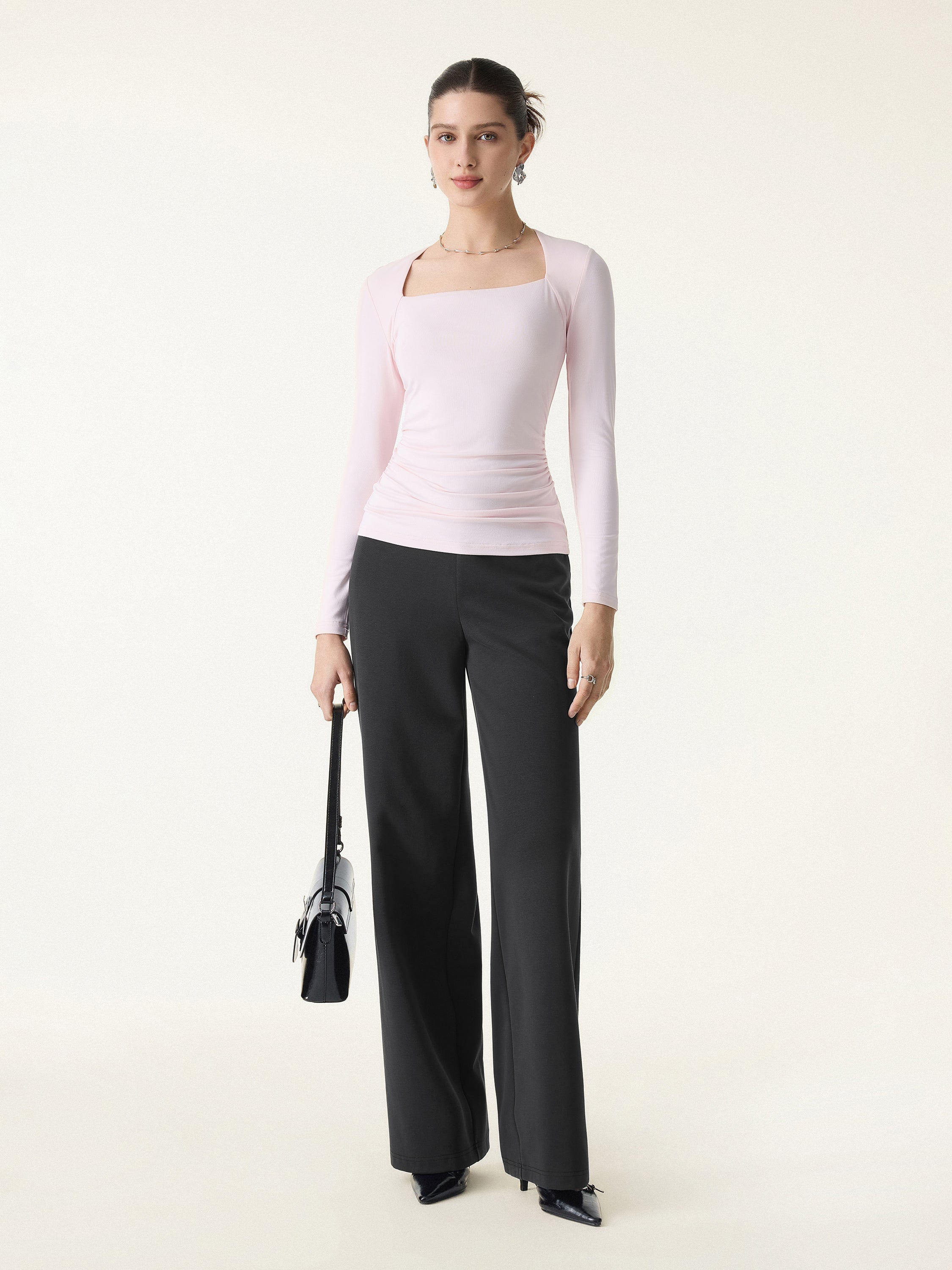Stretch Cotton Blend Mid Rise Straight Leg Pants with Pockets