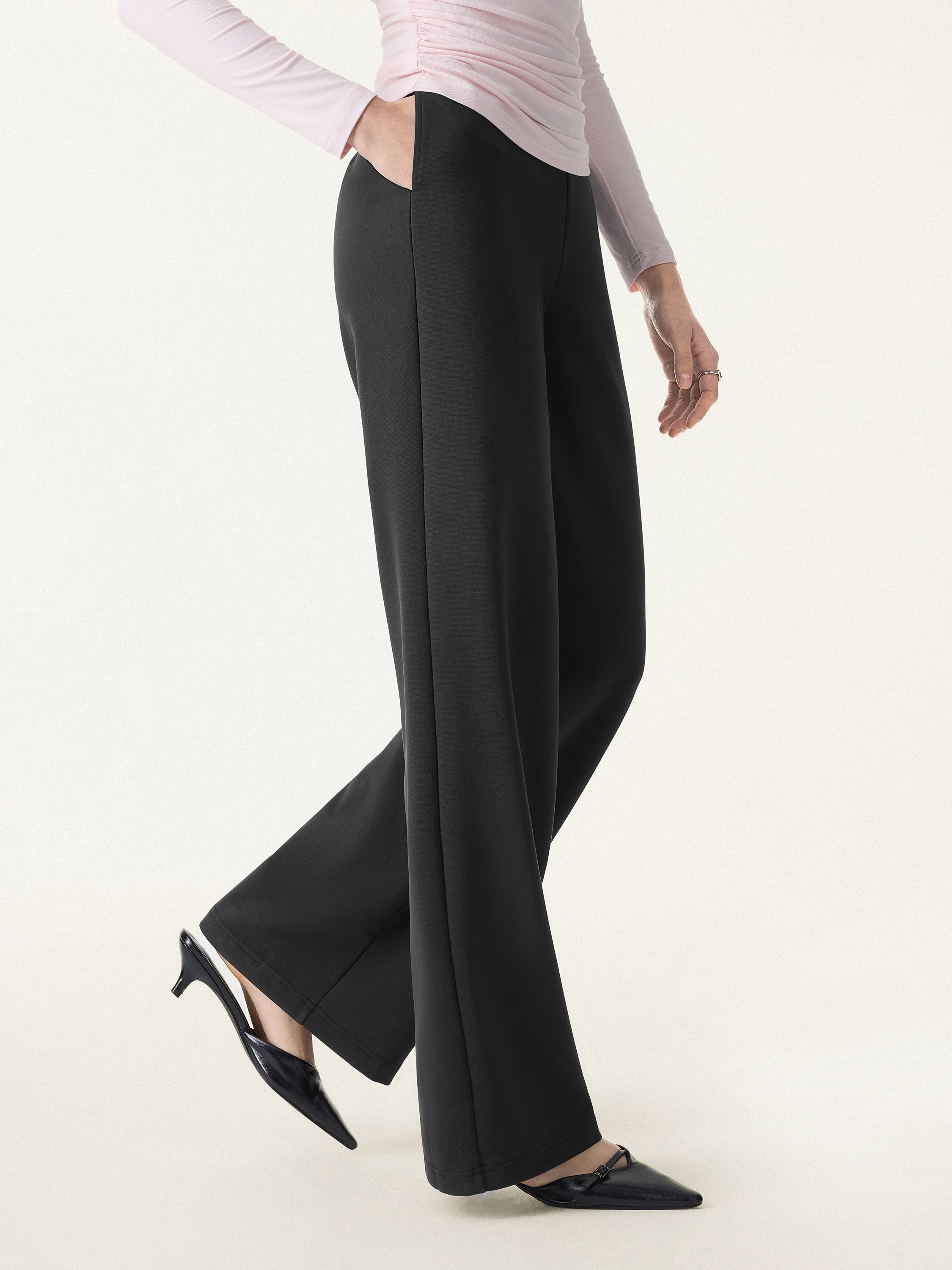 Stretch Cotton Blend Mid Rise Straight Leg Pants with Pockets