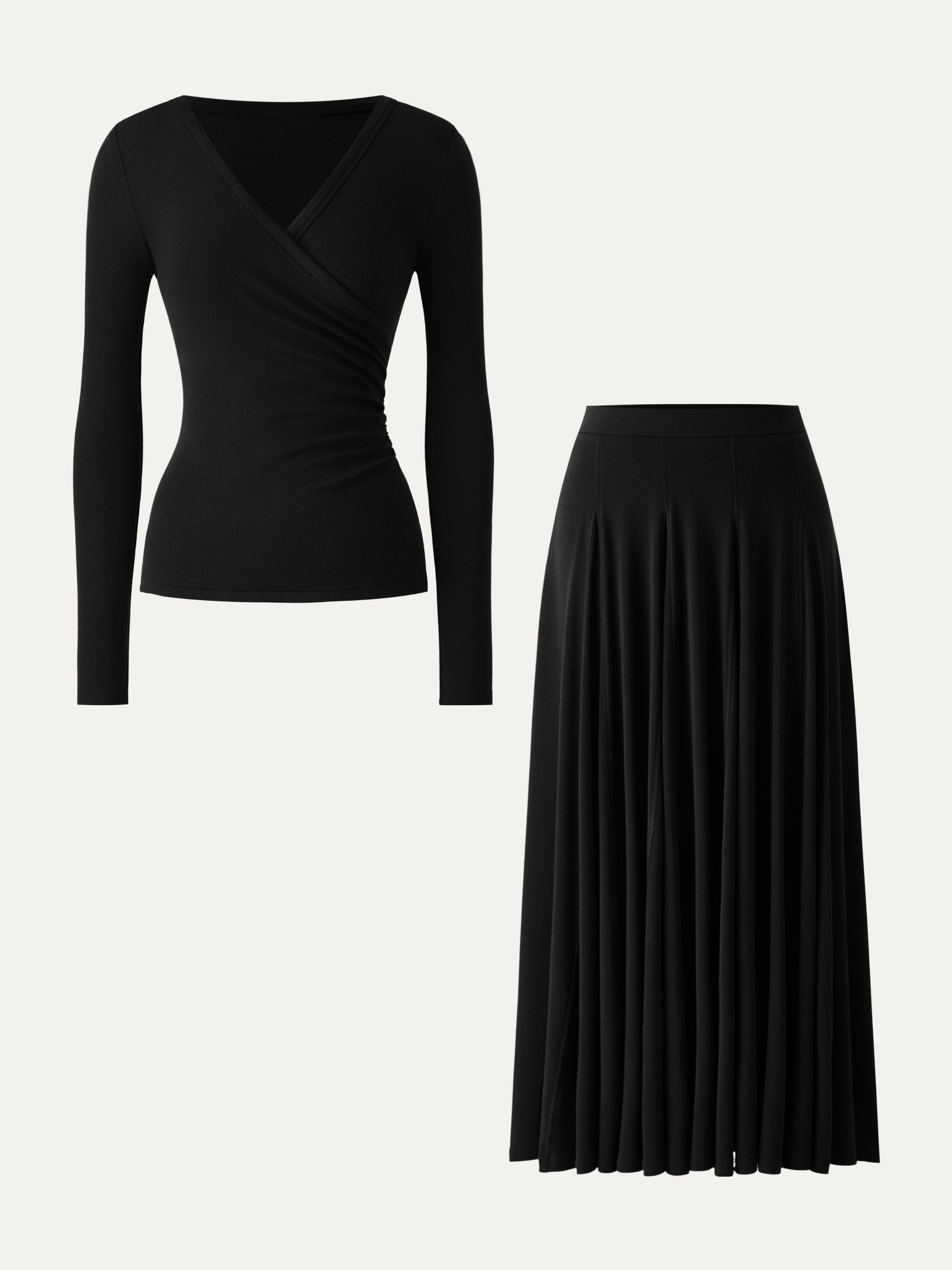 2Pcs Set Surplice Ruched Long Sleeve & Godet Hem Pull-on Maxi Skirt