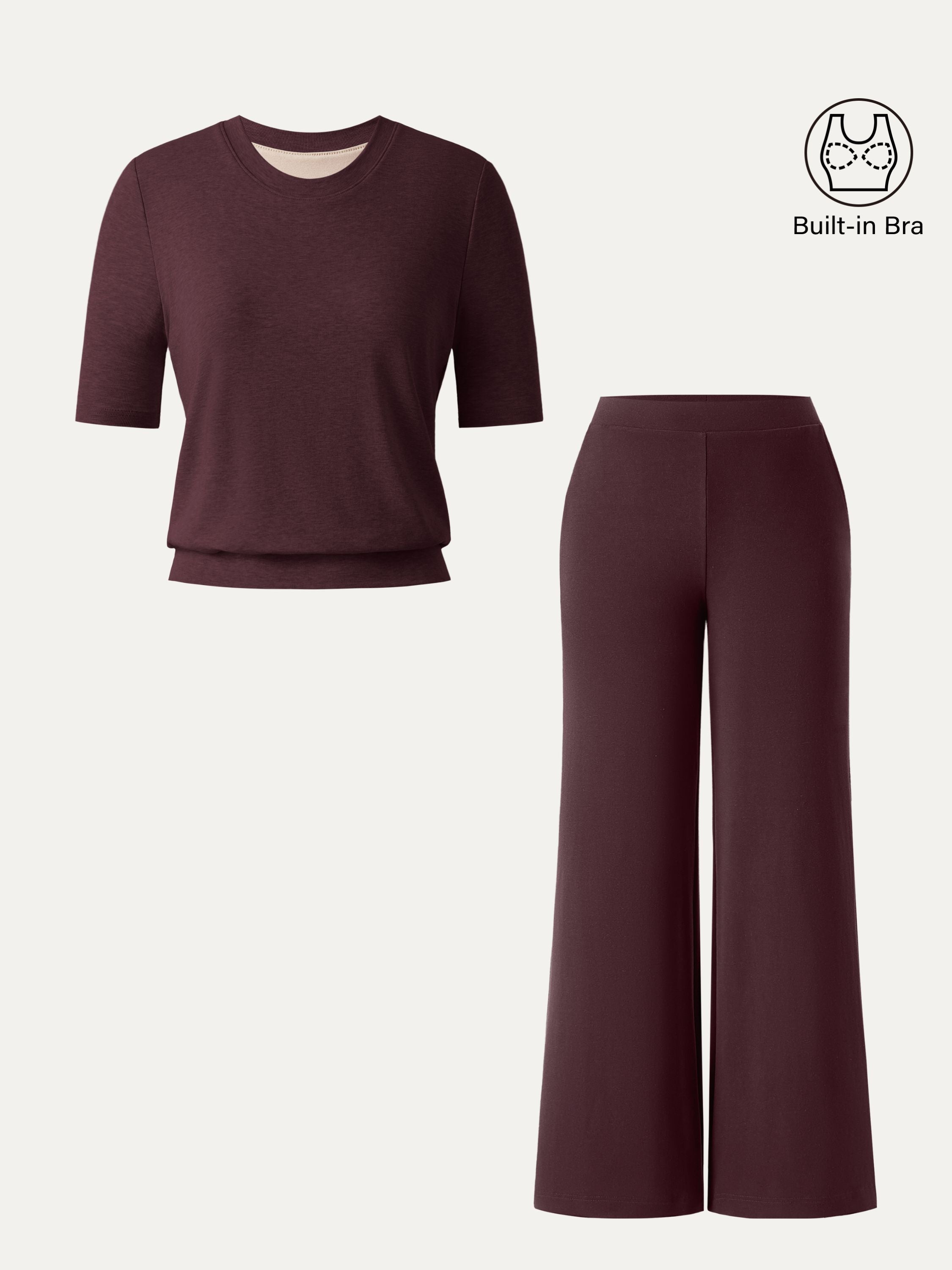 2Pcs Set Petite Mid Rise Wide Leg Pants with Pockets & Crewneck Brami with Banded Hem