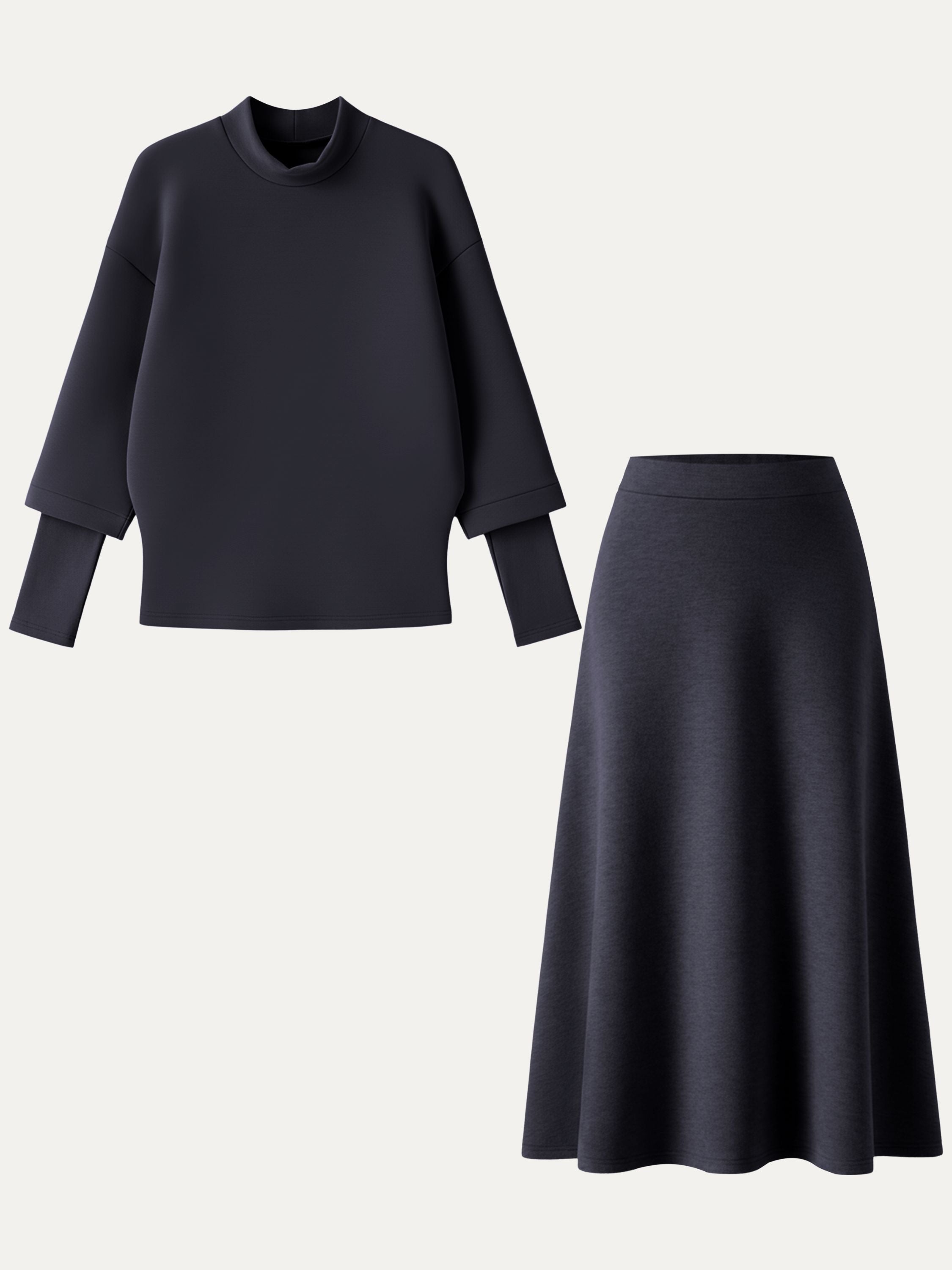 2Pcs Set FuzzLuxe Mockneck Sleeve-Warmer Top &  Midi A-line Circle Skirt