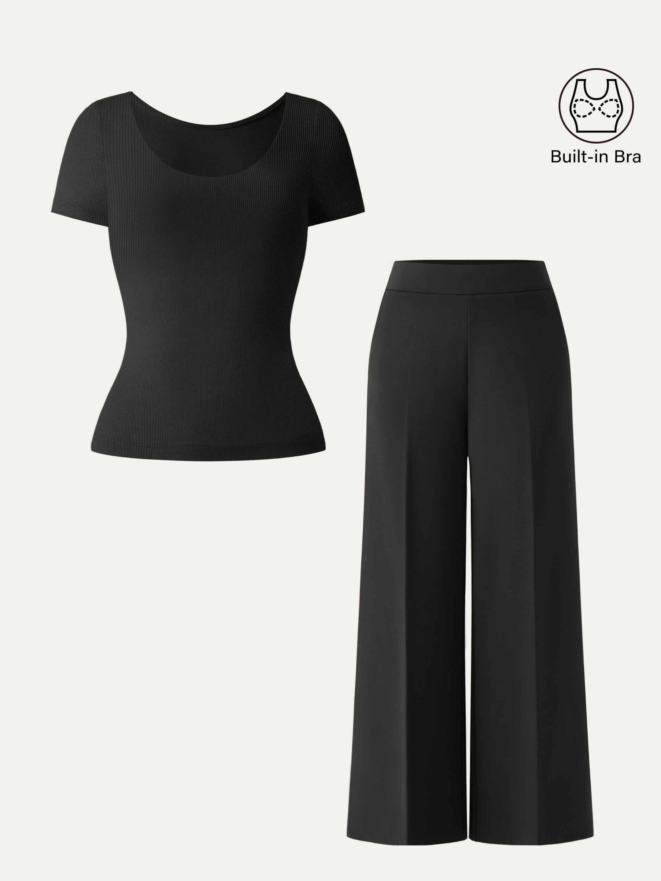 2Pcs Set Scoop Neck Cotton Brami & High Rise Wide Leg Trouser with Pockets