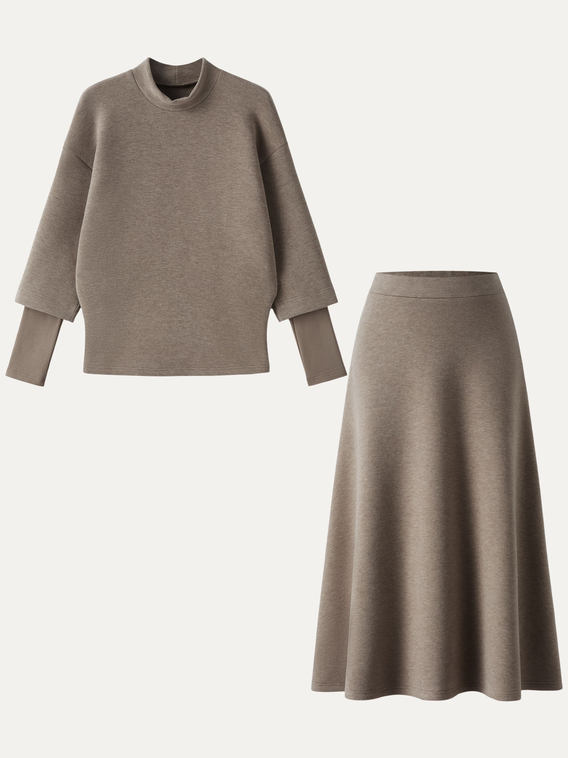 2Pcs Set FuzzLuxe Mockneck Sleeve-Warmer Top &  Midi A-line Circle Skirt