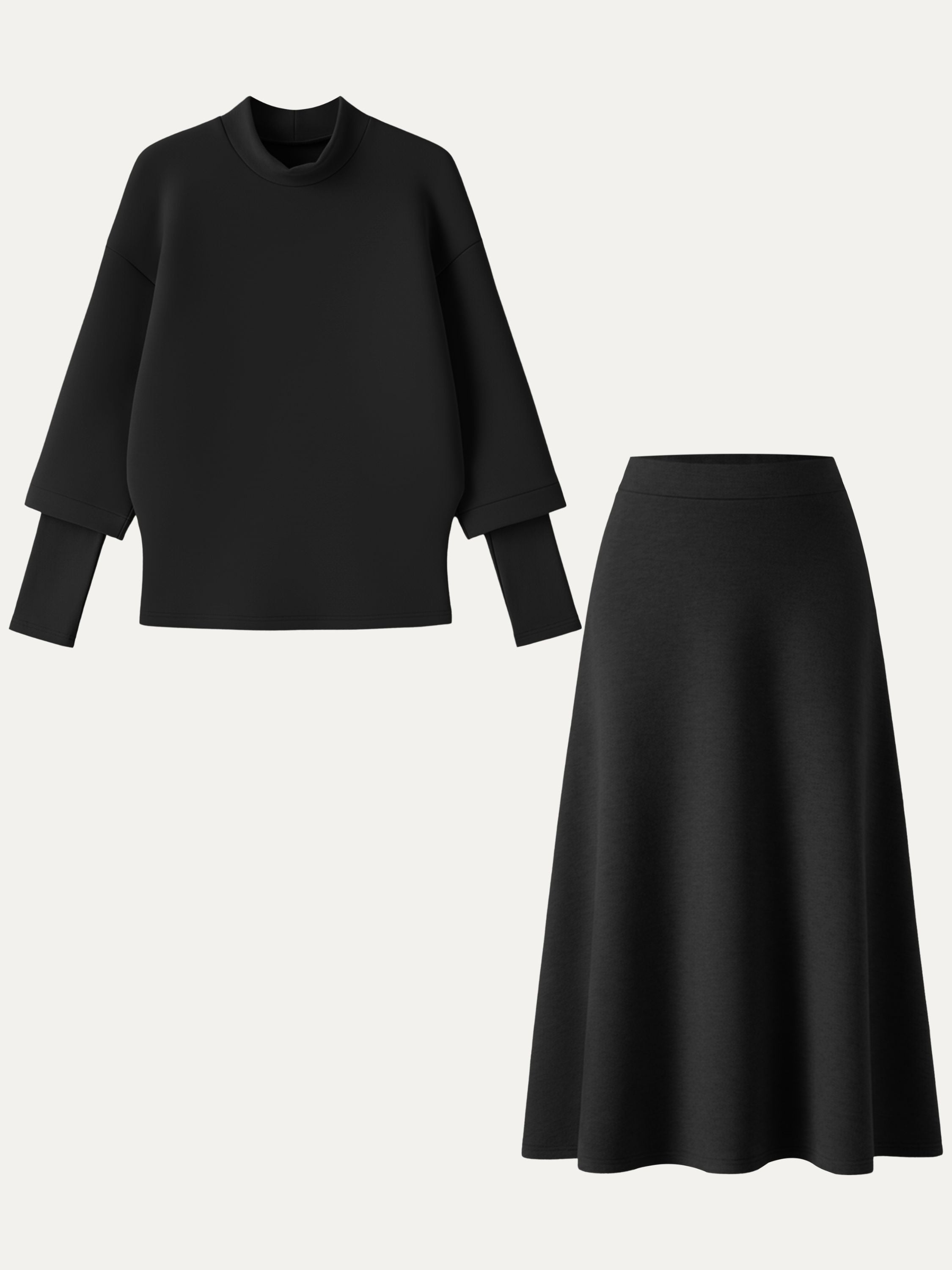2Pcs Set FuzzLuxe Mockneck Sleeve-Warmer Top &  Midi A-line Circle Skirt