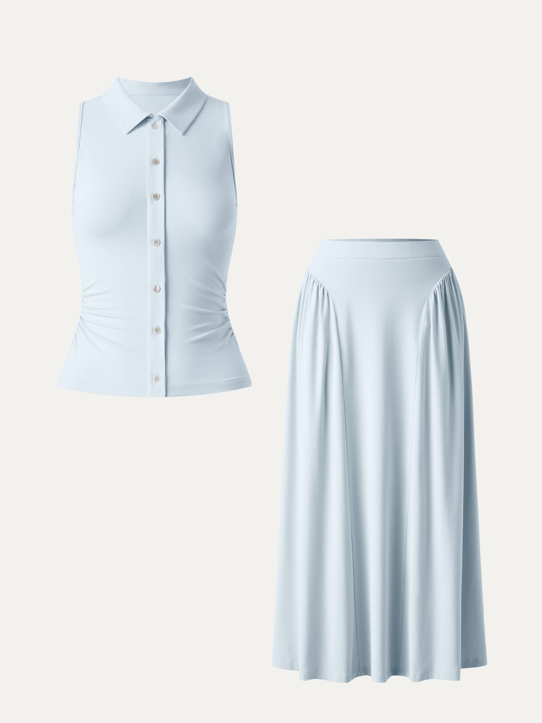 2Pcs Set Faux Button Placket Shirt Tank & Flared Midi Skirt with Pockets