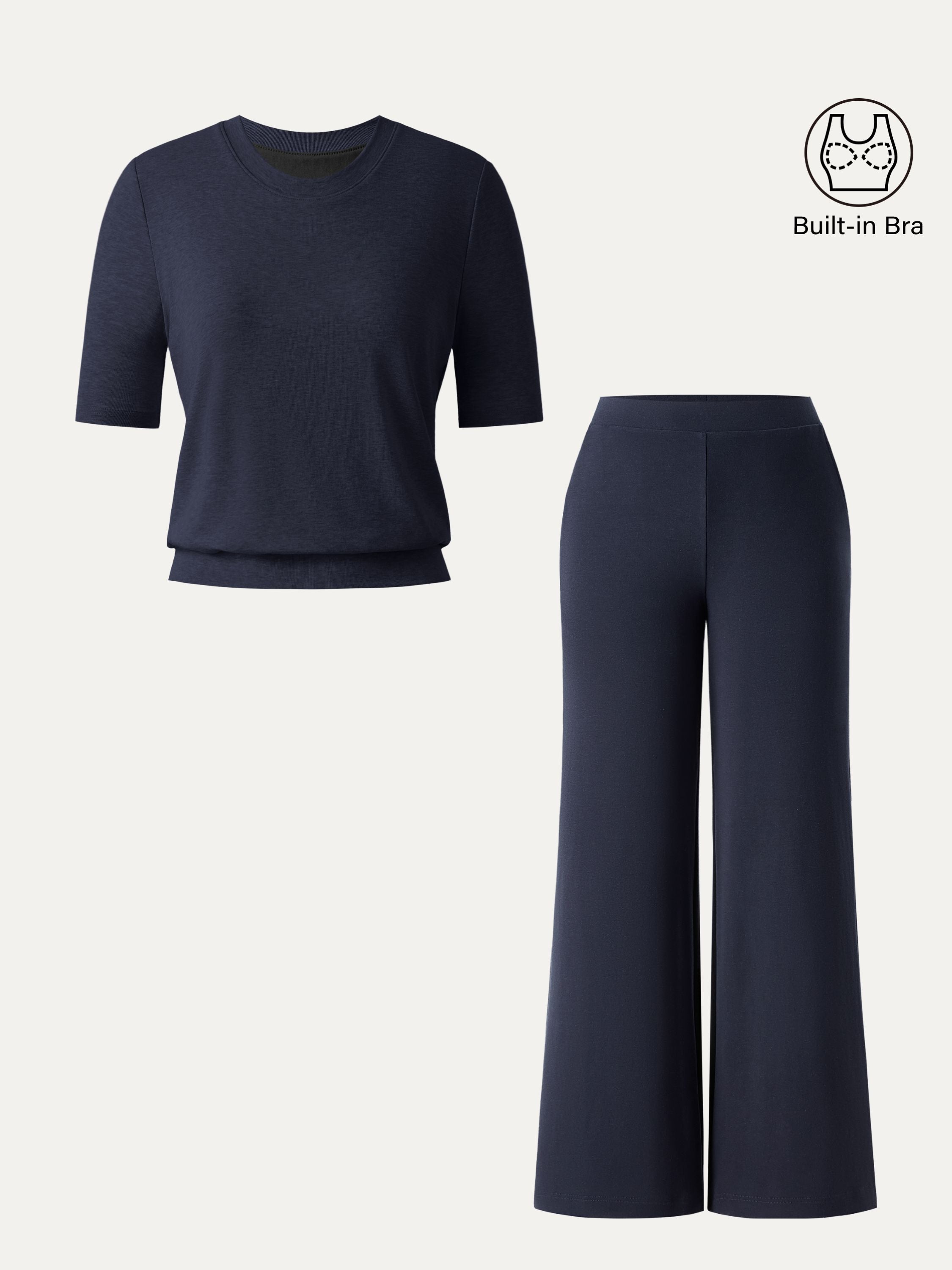 2Pcs Set Petite Mid Rise Wide Leg Pants with Pockets & Crewneck Brami with Banded Hem