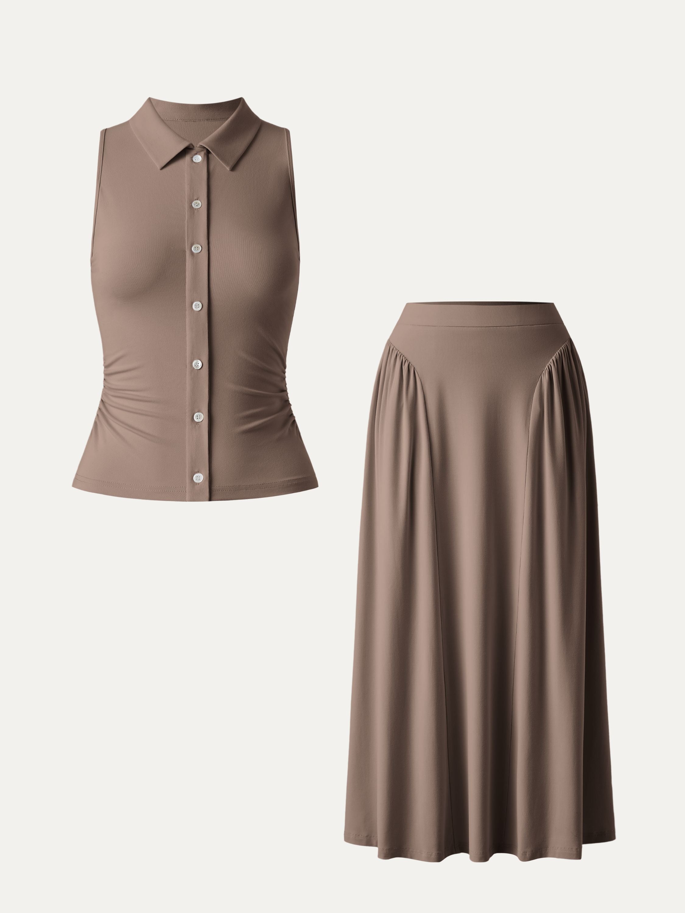 2Pcs Set Faux Button Placket Shirt Tank & Flared Midi Skirt with Pockets