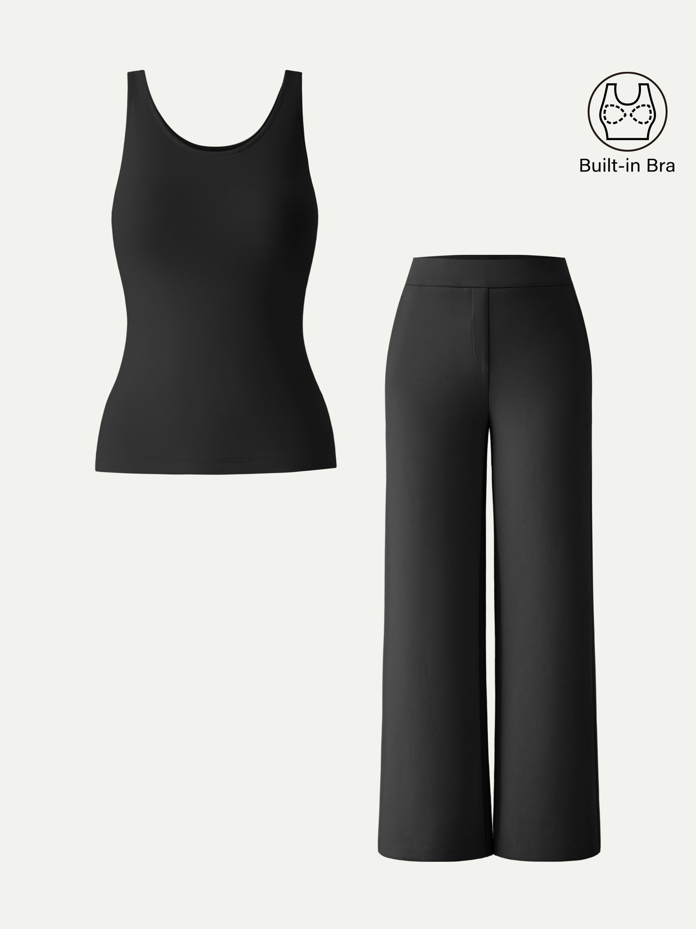 2Pcs Set U-Neck Brami Tank & Mid Rise Pull-on Straight Pant