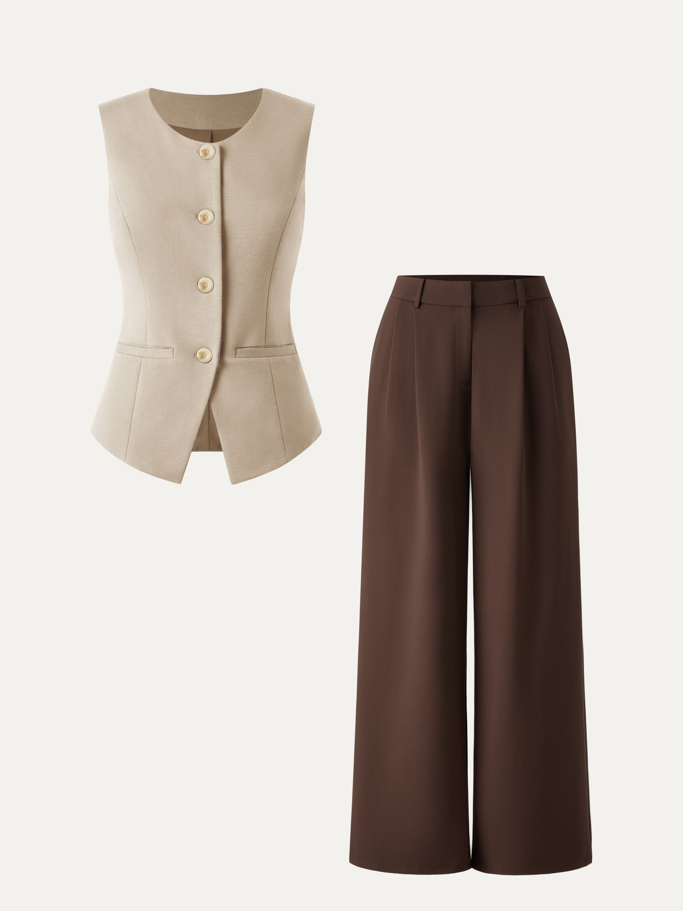 2Pcs Set Waistcoat with Pockets & Wide Leg Pant with Pockets