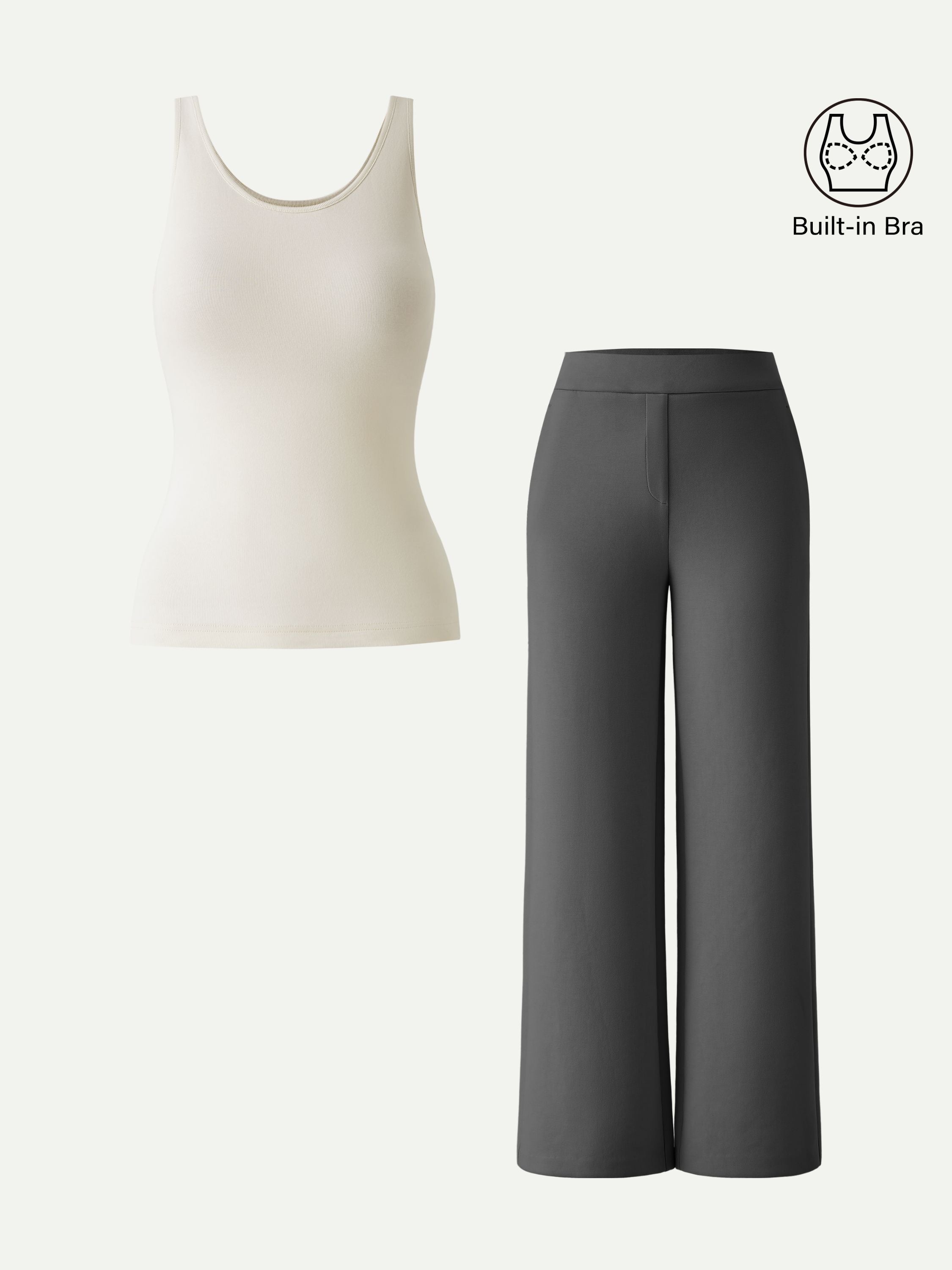 2Pcs Set U-Neck Brami Tank & Mid Rise Pull-on Straight Pant