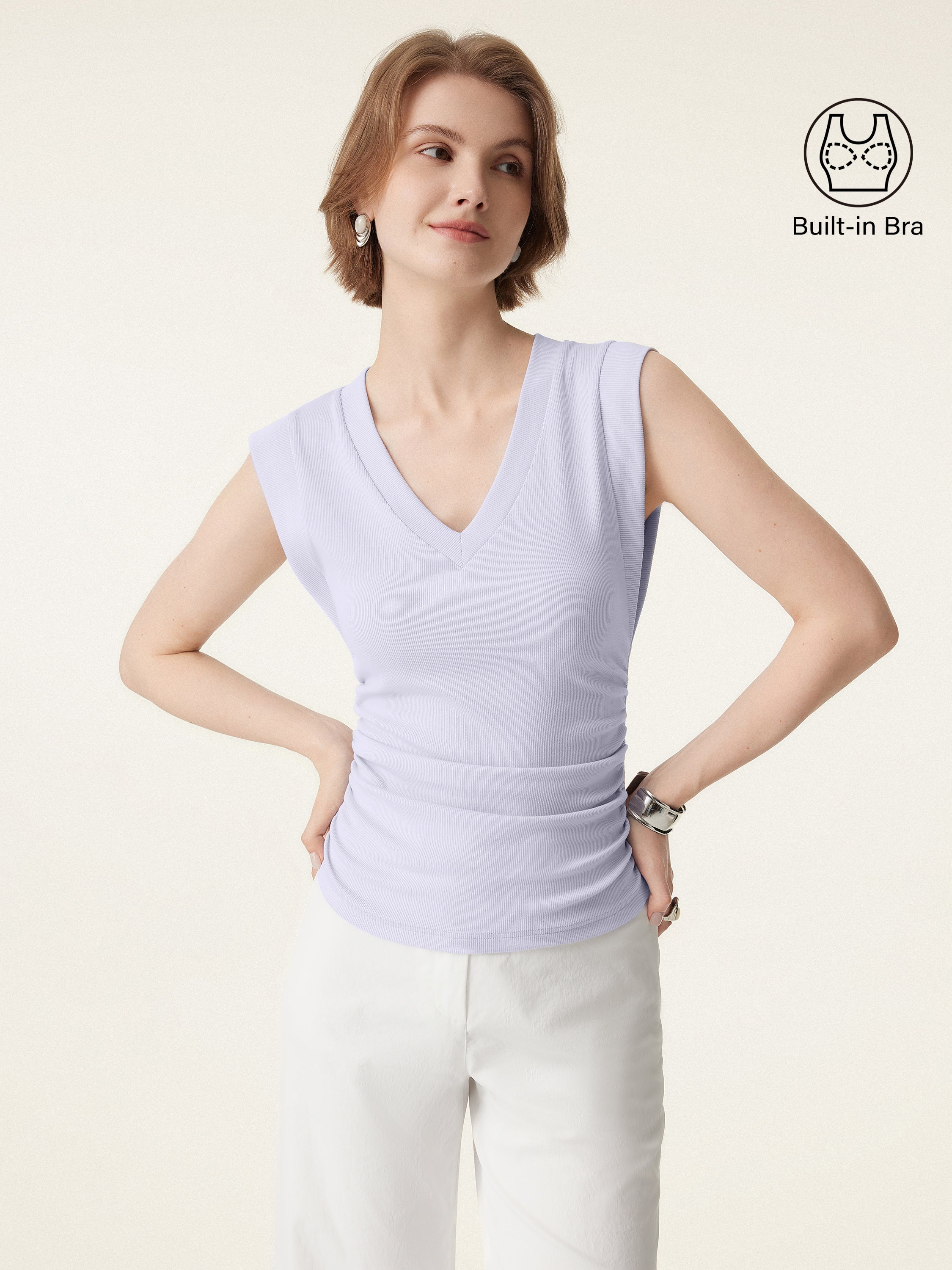 Stretch Cotton V-neck Side Ruched Muscle Brami Top