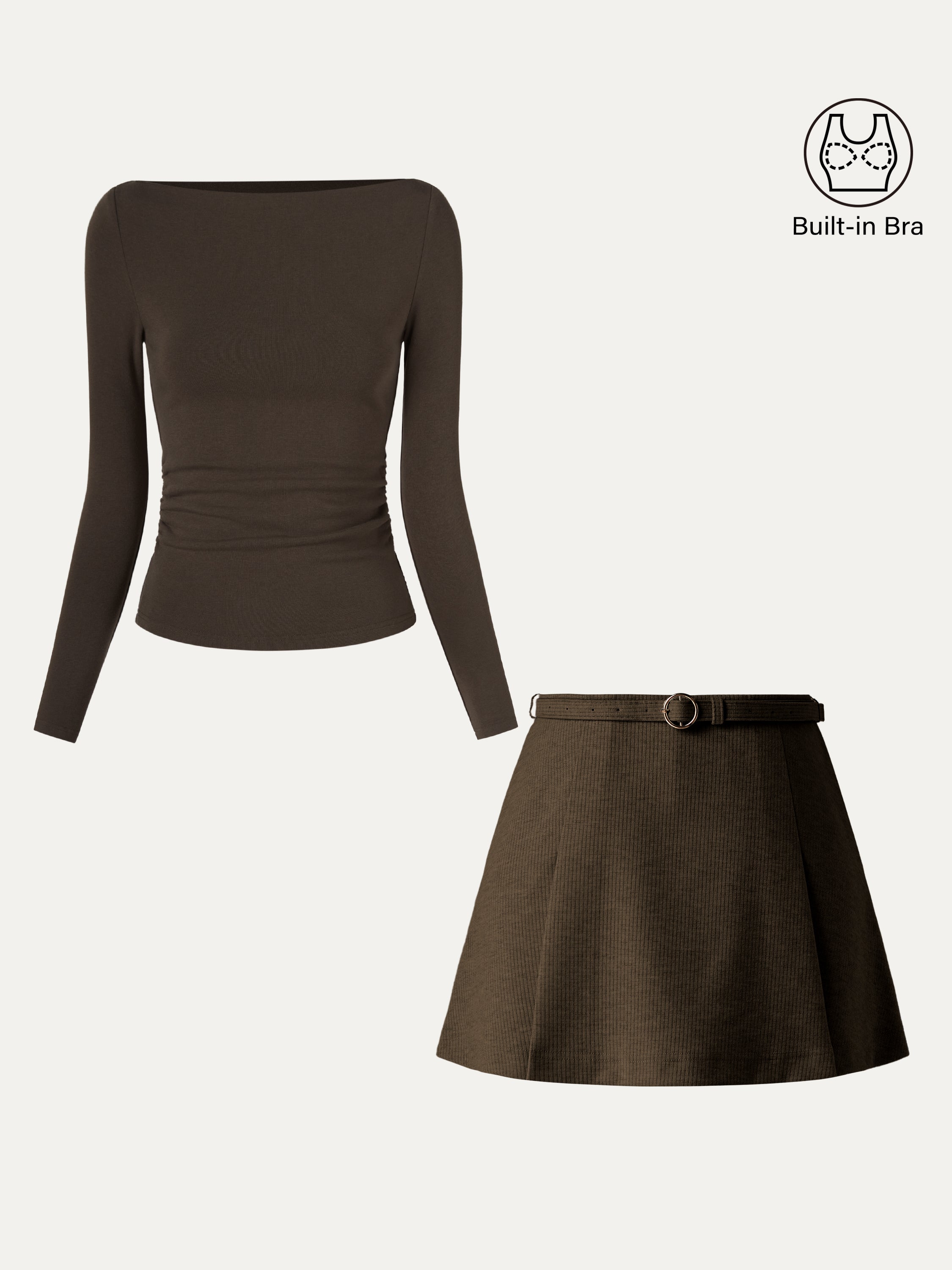 2Pcs Set Side Ruched Boatneck Brami Top & Belted Mini Skirt With Shorts