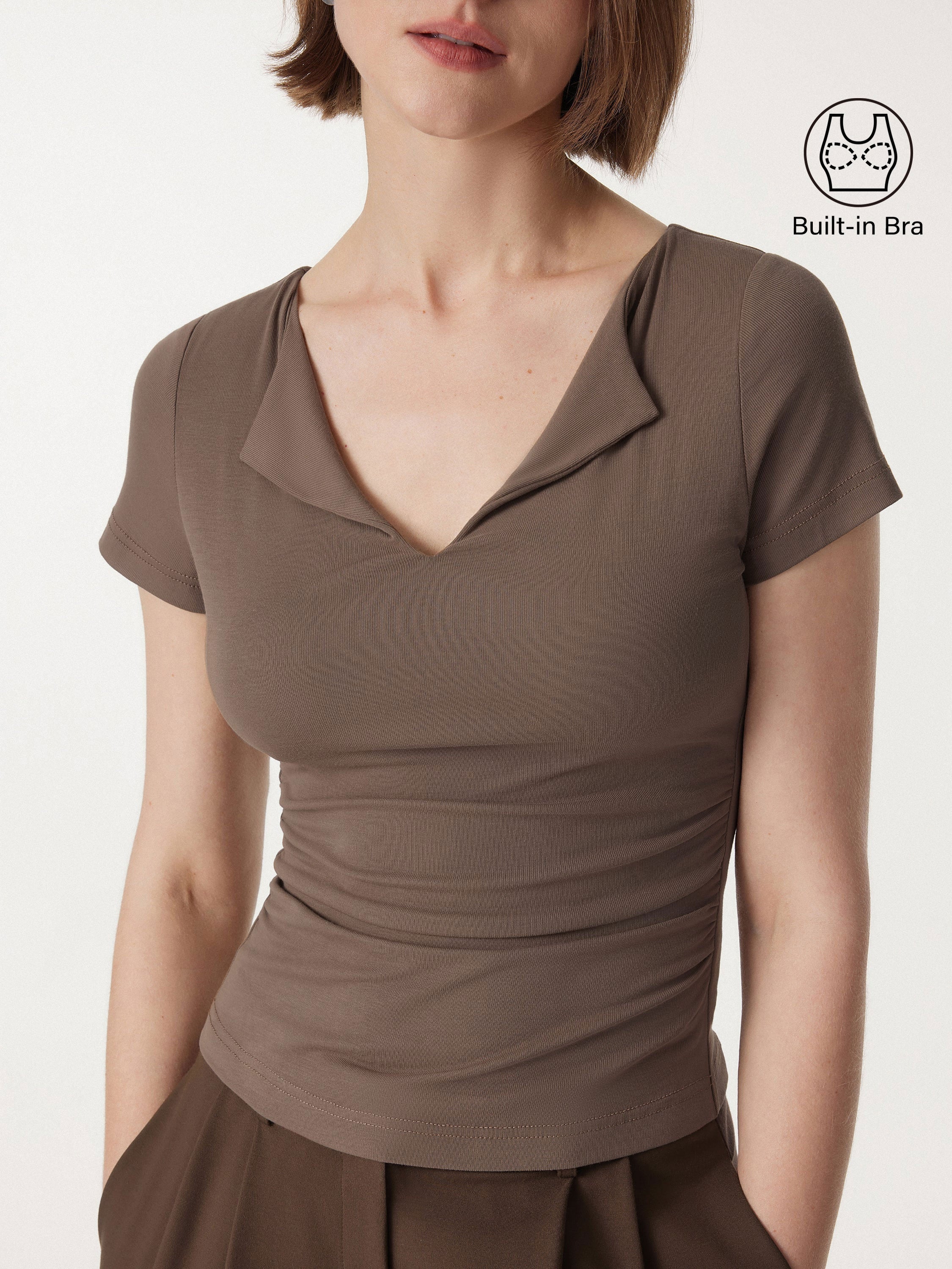 Flapped V-neck Side Ruched New Airy Brami Tee