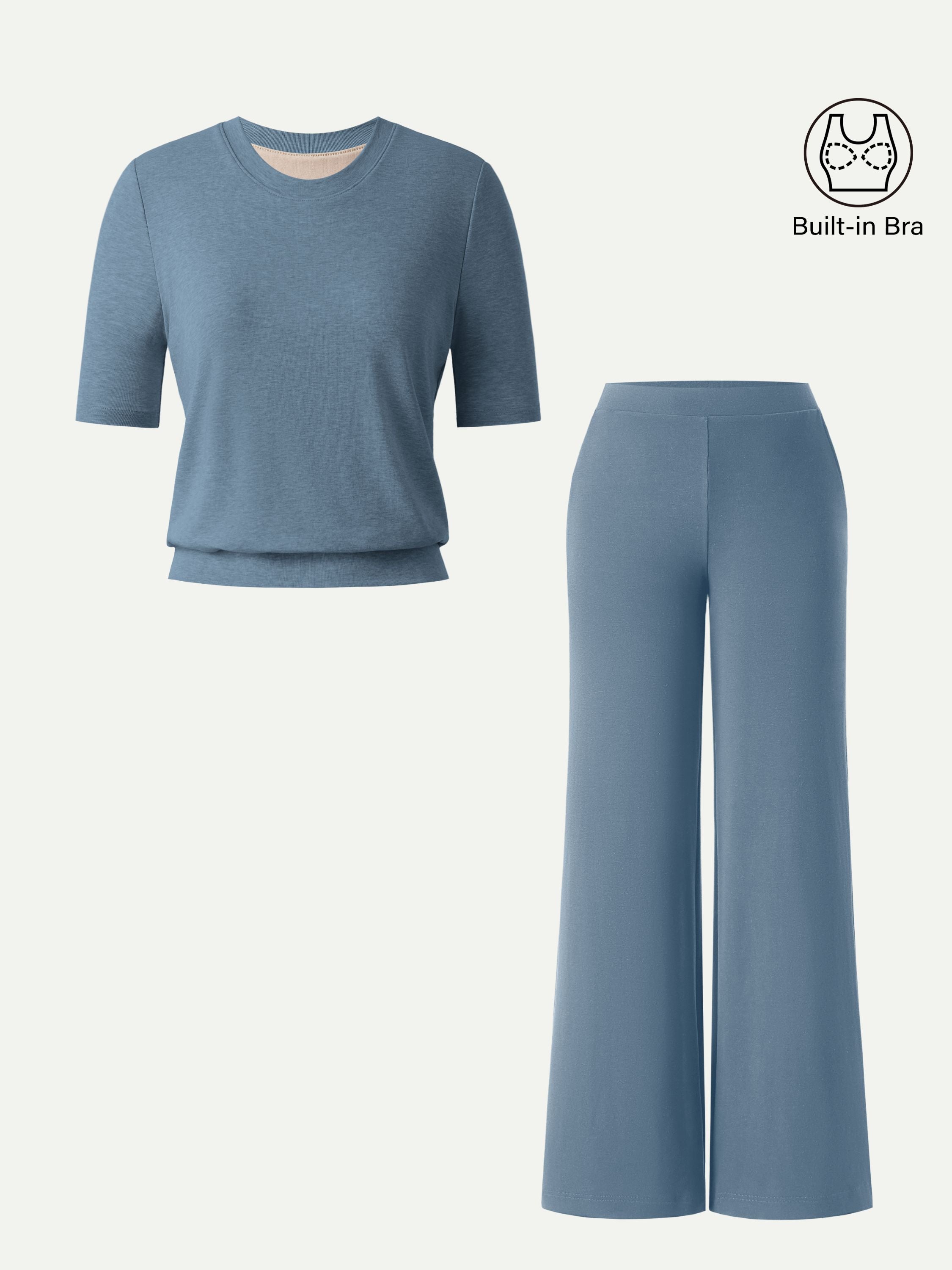 2Pcs Set Regular Mid Rise Wide Leg Pants & Crewneck Brami