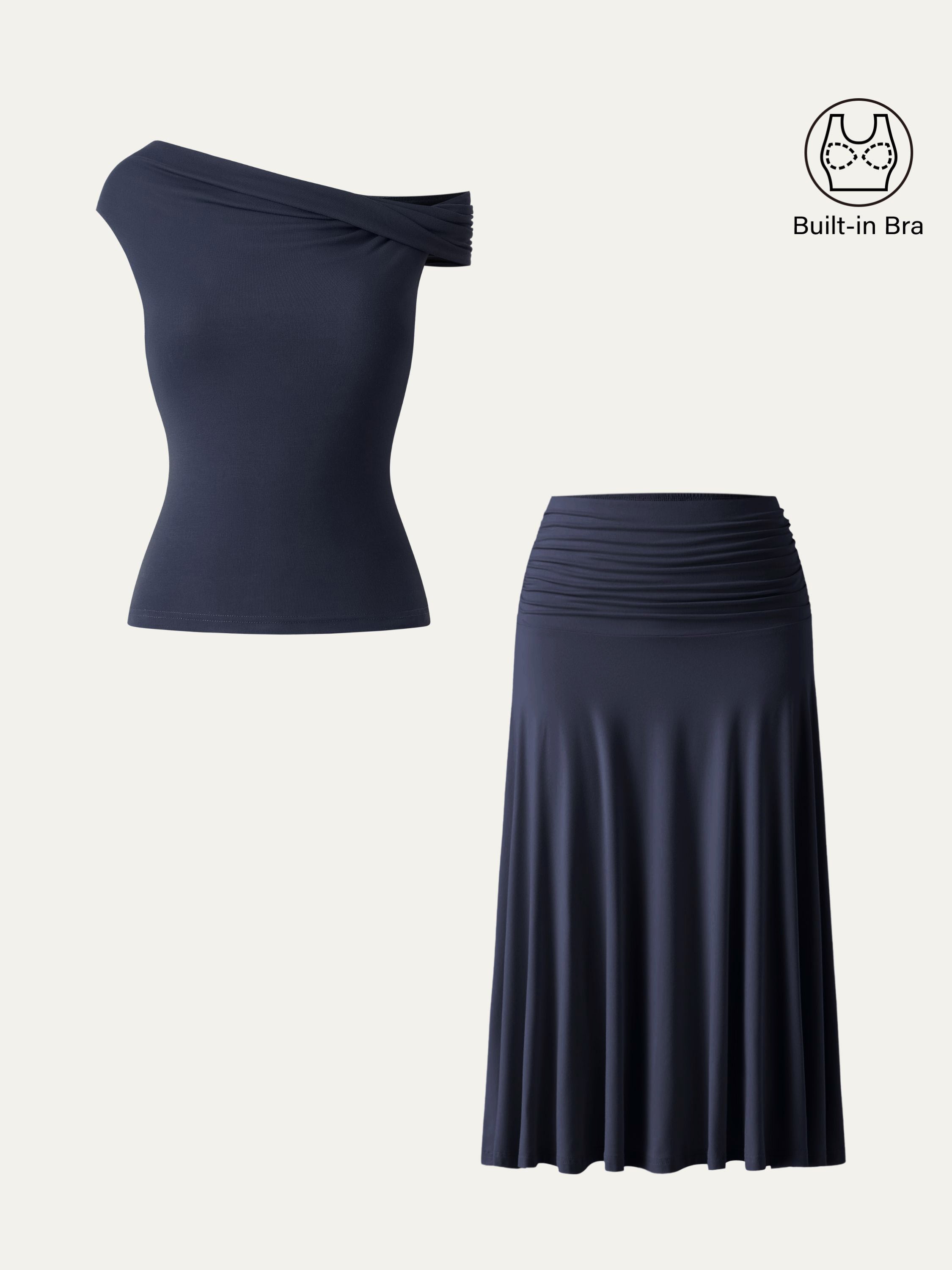 2Pcs Set Multi-wear Versatile Necklines Brami Top & Flowy Side Ruched A-line Midi Skirt
