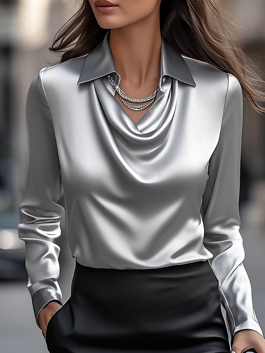Rose- Elegant White Satin Blouse with Draped Neckline