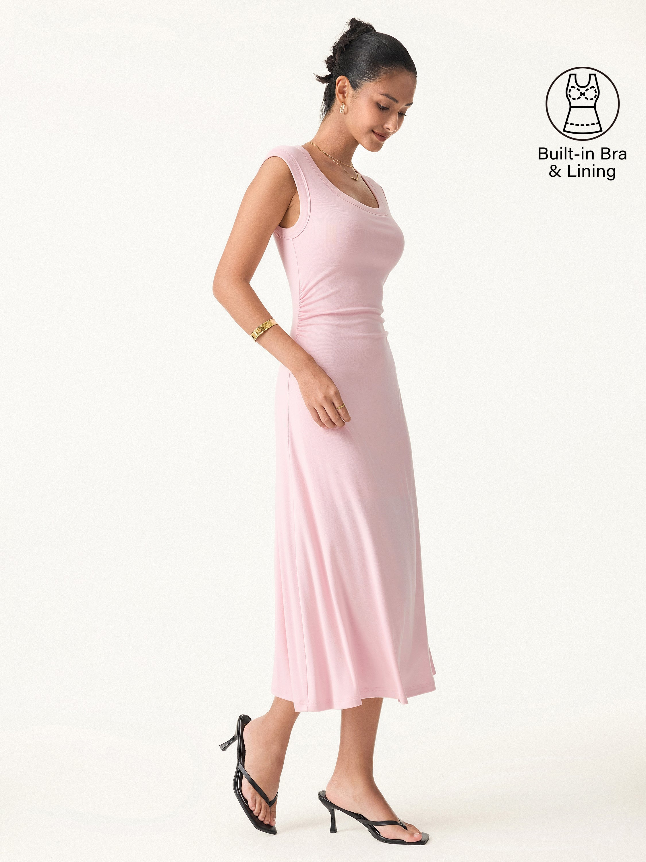 Scoop Neck Side Ruched New Airy Brami Midi Dress