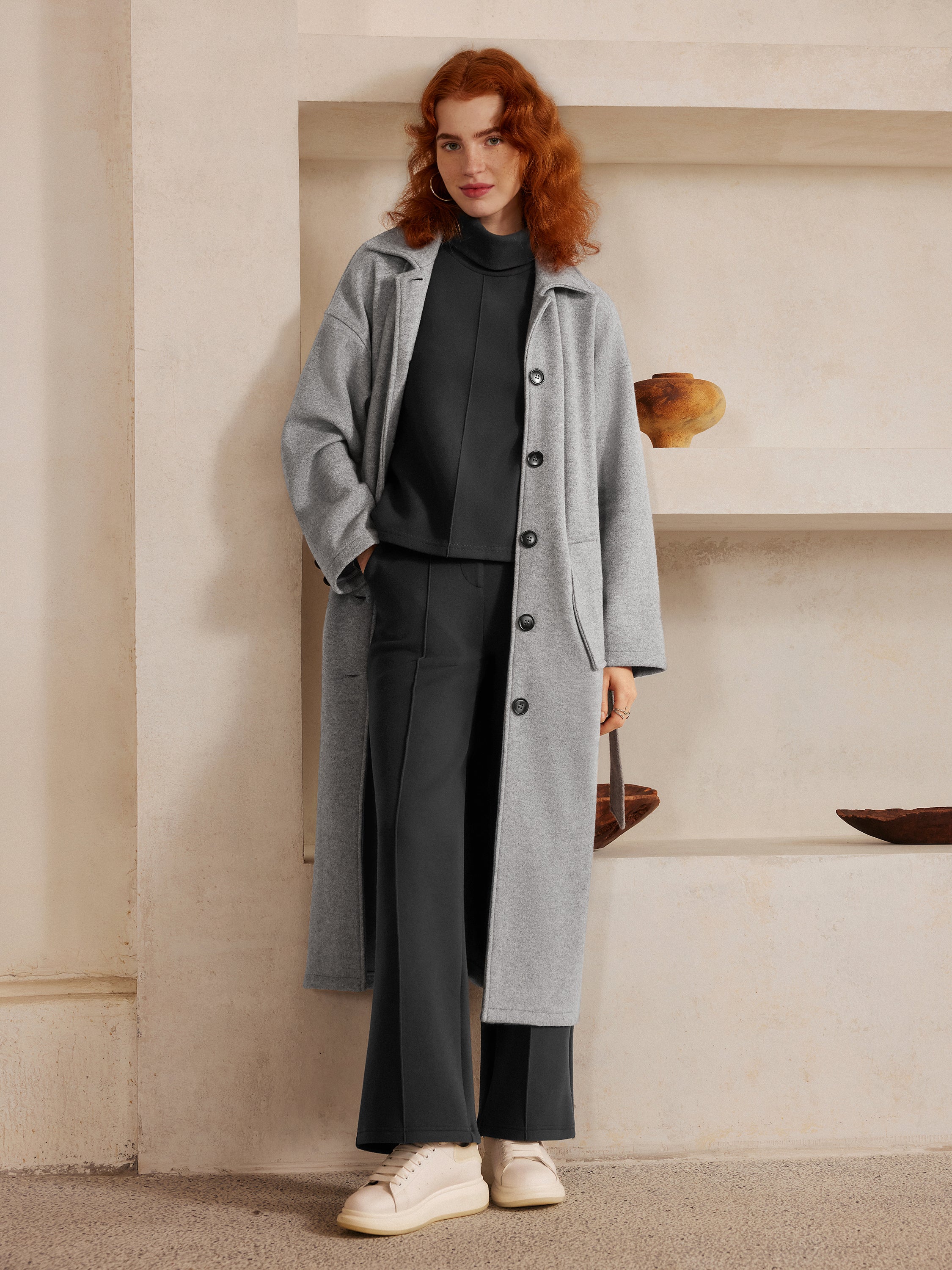 2Pcs Set FuzzLuxe Turtleneck Top & Regular High Waisted Straight Leg Pull On Pant