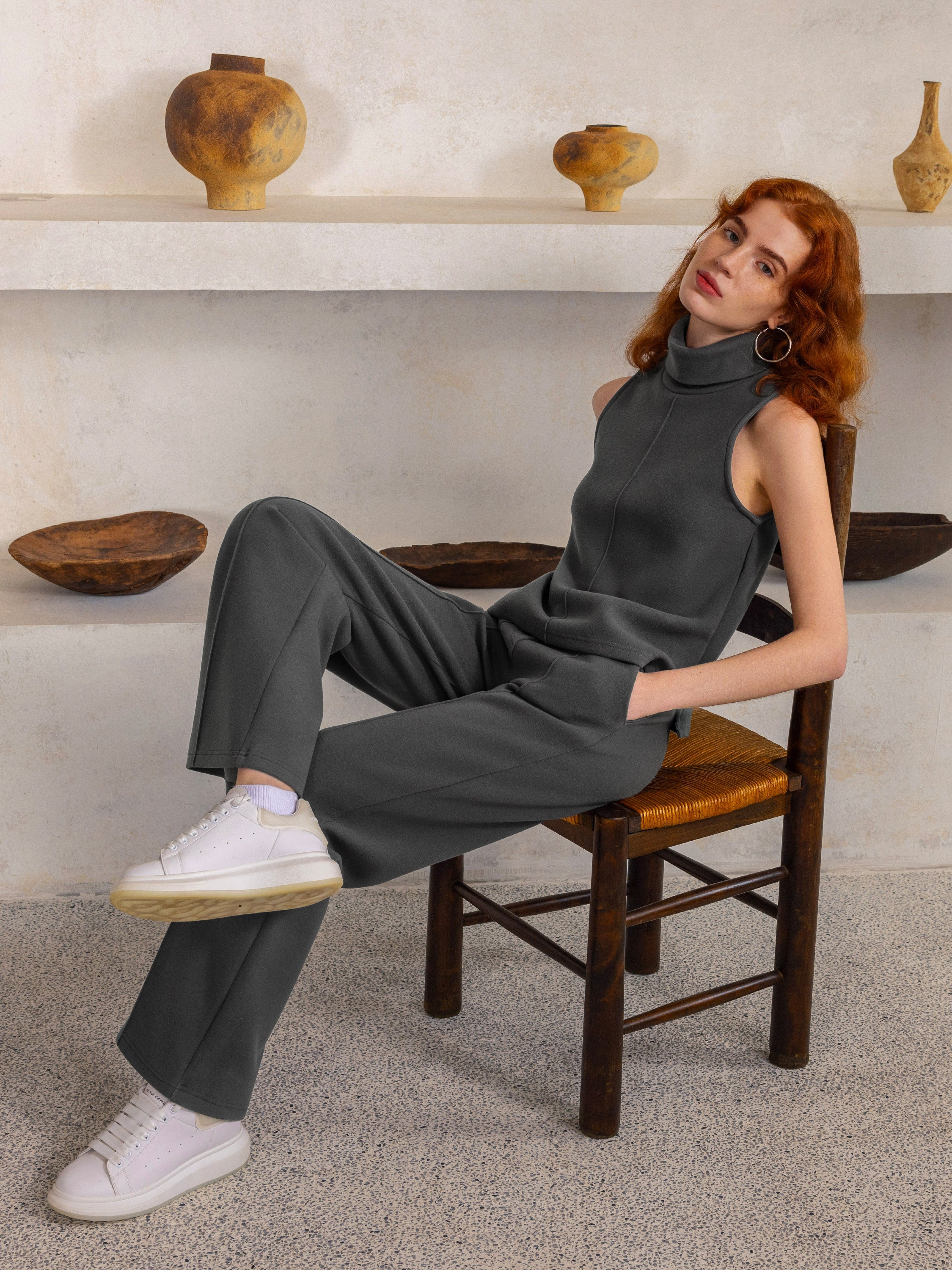 2Pcs Set Petite High Waisted Straight Leg Pant & Split Hem Top